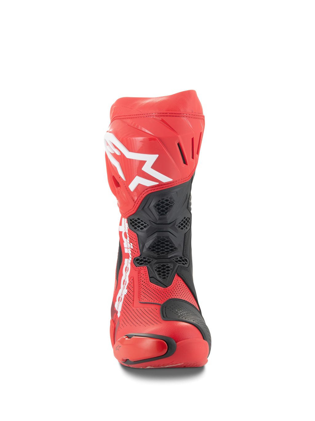 Alpinestars Supertech R Vented Stiefel, Vorderansicht, Leuchtendes Rot und fluoreszierendes Rot mit schwarzen Akzenten, weißes Alpinestars-Logo am Schienbein, perforierte Mikrofaser-Konstruktion für Belüftung, schützende TPU-Panels für den Rennsport