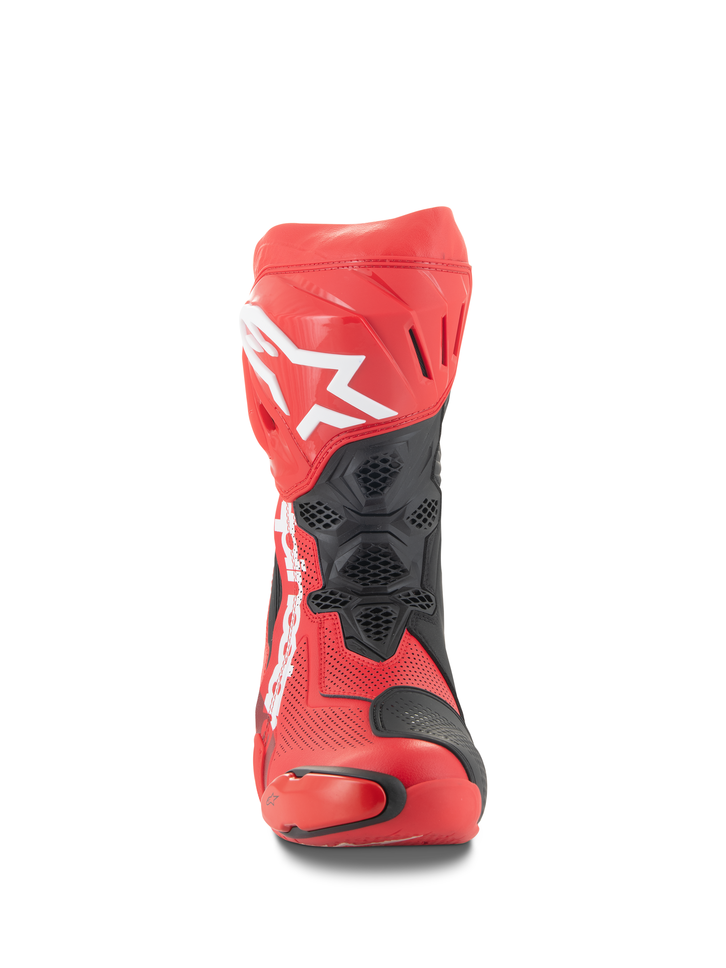 Alpinestars Supertech R Vented Stiefel, Vorderansicht, Leuchtendes Rot und fluoreszierendes Rot mit schwarzen Akzenten, weißes Alpinestars-Logo am Schienbein, perforierte Mikrofaser-Konstruktion für Belüftung, schützende TPU-Panels für den Rennsport