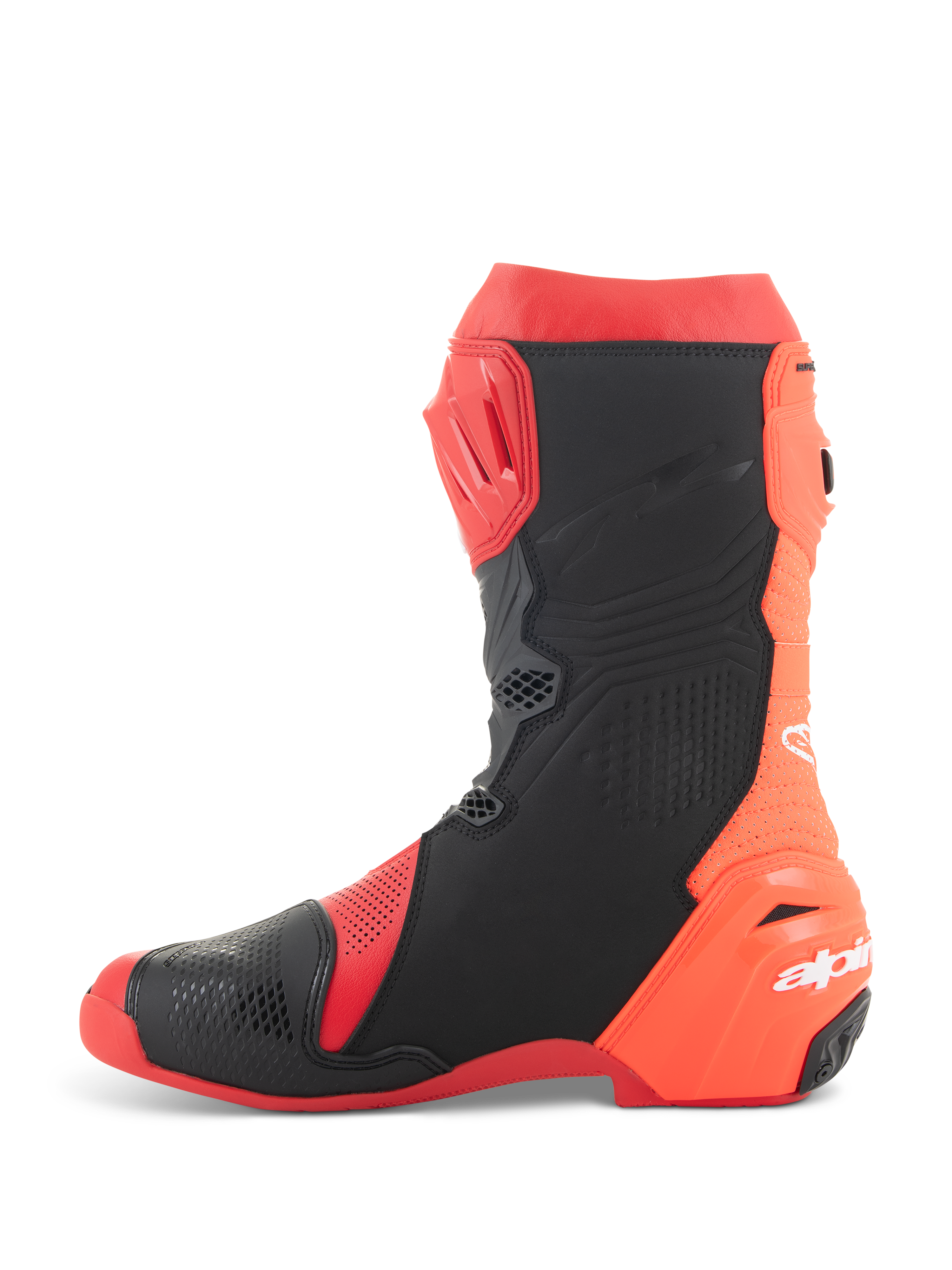 Alpinestars Supertech R Vented Stiefel, Racing-Motorradstiefel, Hellrot und Rot-Fluo mit schwarzen Akzenten, Seitenansicht mit umfangreichen Perforationen für maximalen Luftstrom und TPU-Schutzpaneelen.