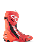 Alpinestars Supertech R Vented Stiefel, Motorradrennstiefel, Hellrot und Fluo-Rot mit weißen und schwarzen Akzenten, Seitenansicht mit Perforationen für Atmungsaktivität, weißes Astar-Logo am Schienbein, TPU-Zehen- und Fersenschleifer, professionelles Schuhwerk für die Rennstrecke