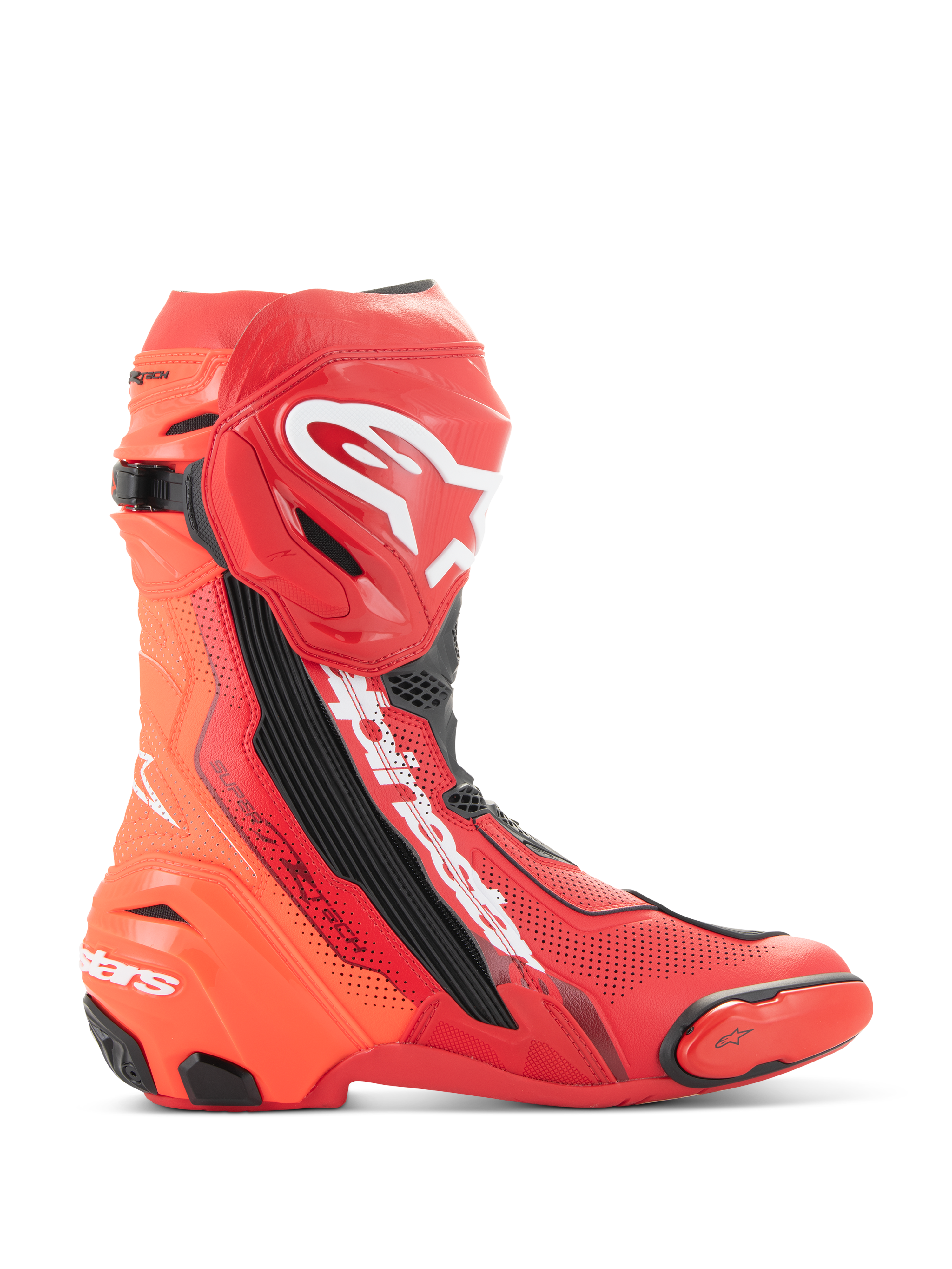 Alpinestars Supertech R Vented Boots, Motorcycle Racing Boots, Bright Red and Red Fluo with white and black accents, side profile view showing extensive perforations for breathability, white Astar logo on shin, TPU toe and heel sliders, professional-grade track footwear