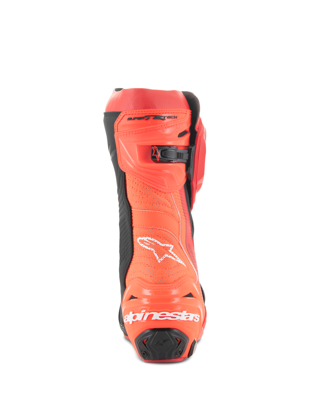 Alpinestars Supertech R Vented Stiefel, Racing-Motorradstiefel, Bright Red und Red Fluo, Rückansicht mit perforierter Konstruktion zur Belüftung, TPU-Fersenschutz und weißem Alpinestars-Logo-Branding
