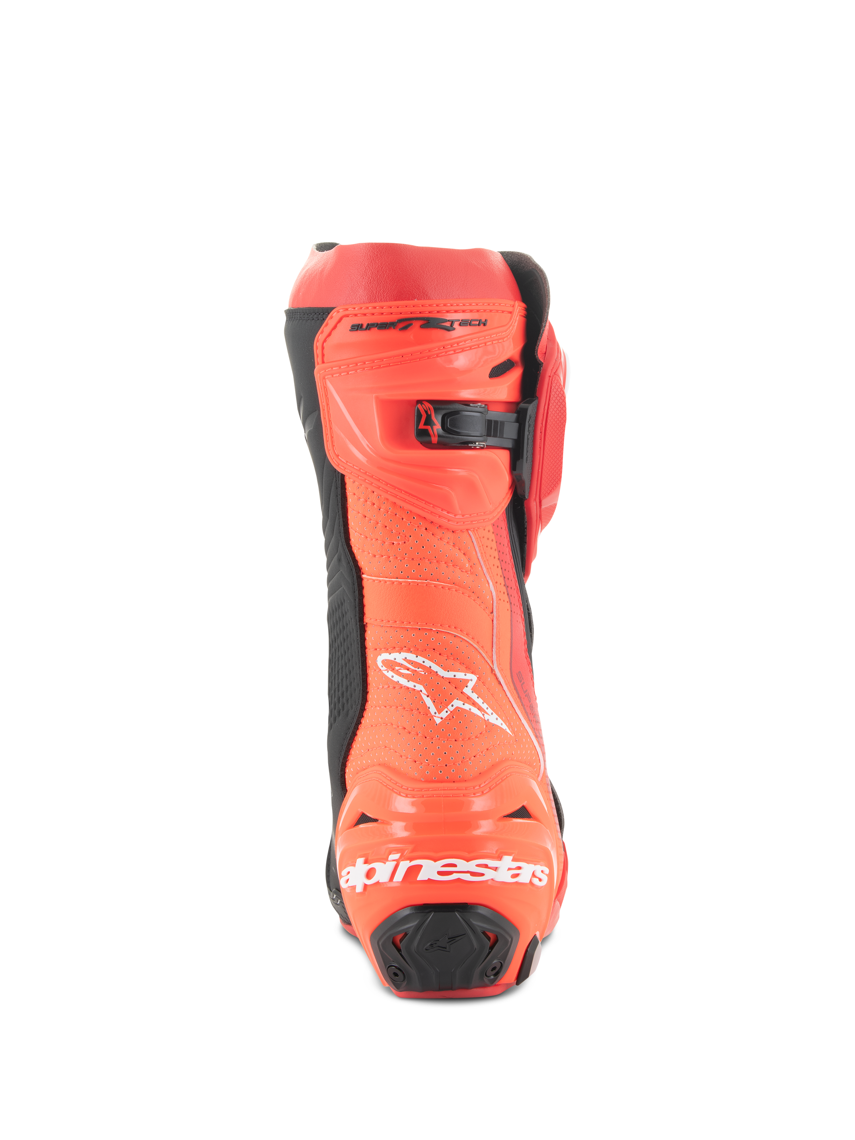 Alpinestars Supertech R Vented Stiefel, Racing-Motorradstiefel, Bright Red und Red Fluo, Rückansicht mit perforierter Konstruktion zur Belüftung, TPU-Fersenschutz und weißem Alpinestars-Logo-Branding