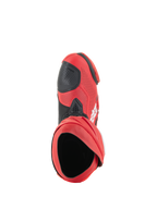 Alpinestars Supertech R Vented Stiefel, Racing-Stiefel, Hellrot und Red Fluo, Draufsicht auf die Stiefelöffnung, perforiertes Mikrofaser-Obermaterial mit schwarzer Schaltverstärkung, professionelles Schuhwerk für Rennstrecke und Straße