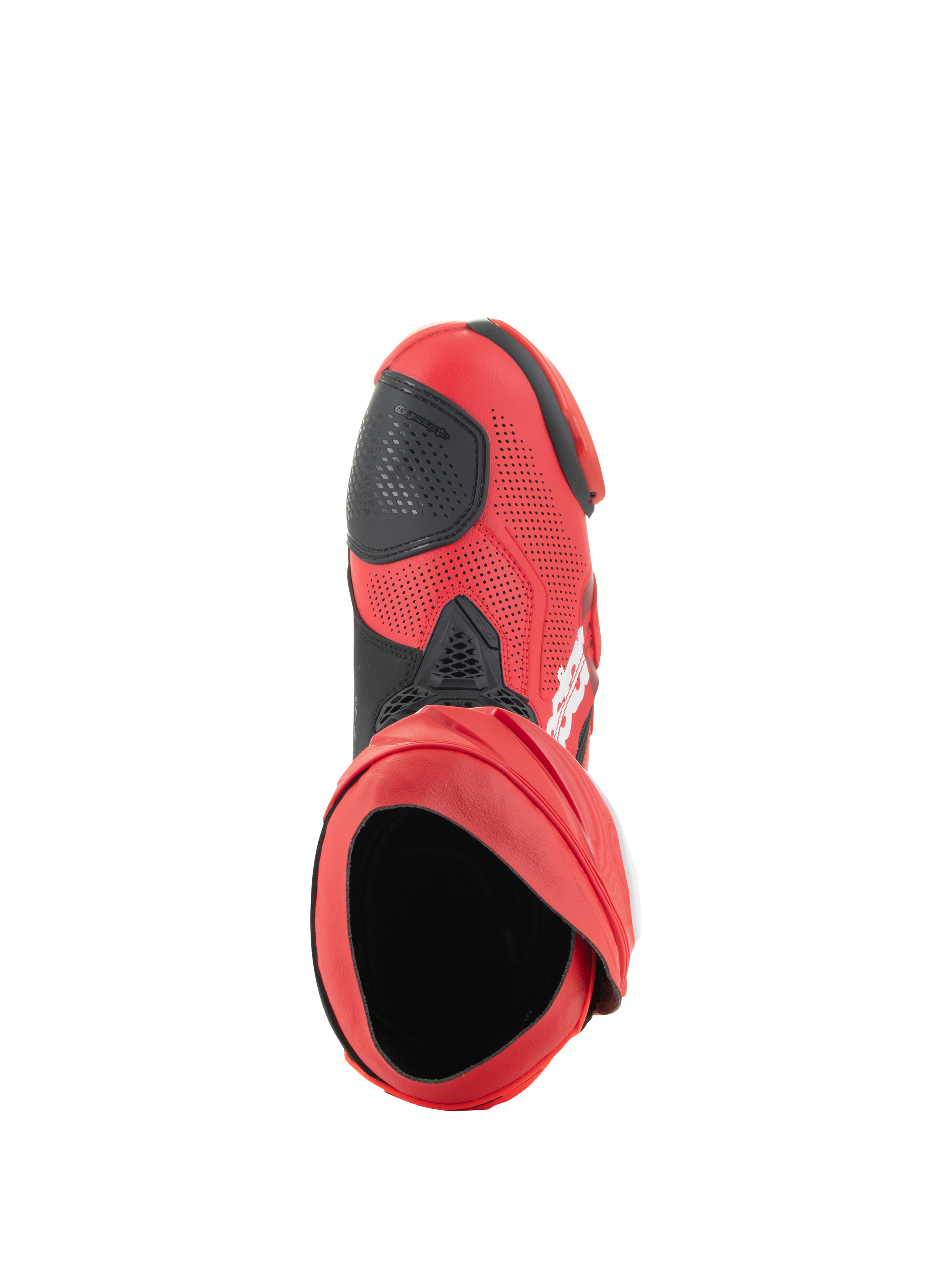 Alpinestars Supertech R Vented Stiefel, Racing-Stiefel, Hellrot und Red Fluo, Draufsicht auf die Stiefelöffnung, perforiertes Mikrofaser-Obermaterial mit schwarzer Schaltverstärkung, professionelles Schuhwerk für Rennstrecke und Straße