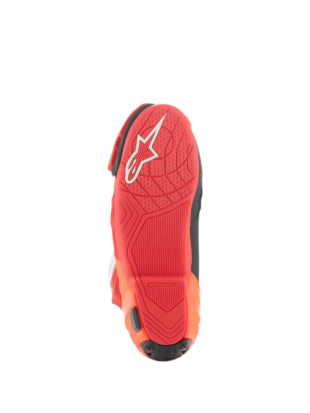 Alpinestars Supertech R Vented Stiefel, Racing-Stiefel, Hellrot und Red Fluo, Sohlenansicht mit leichter Gummimischung, weißem Alpinestars-Logo und texturiertem Grip-Muster für Motorrad-Fußrasten.