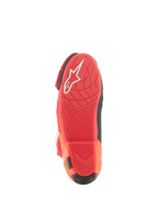 Alpinestars Supertech R Vented Stiefel, Racing-Stiefel, Hellrot und Red Fluo, Sohlenansicht mit leichter Gummimischung, weißem Alpinestars-Logo und texturiertem Grip-Muster für Motorrad-Fußrasten.