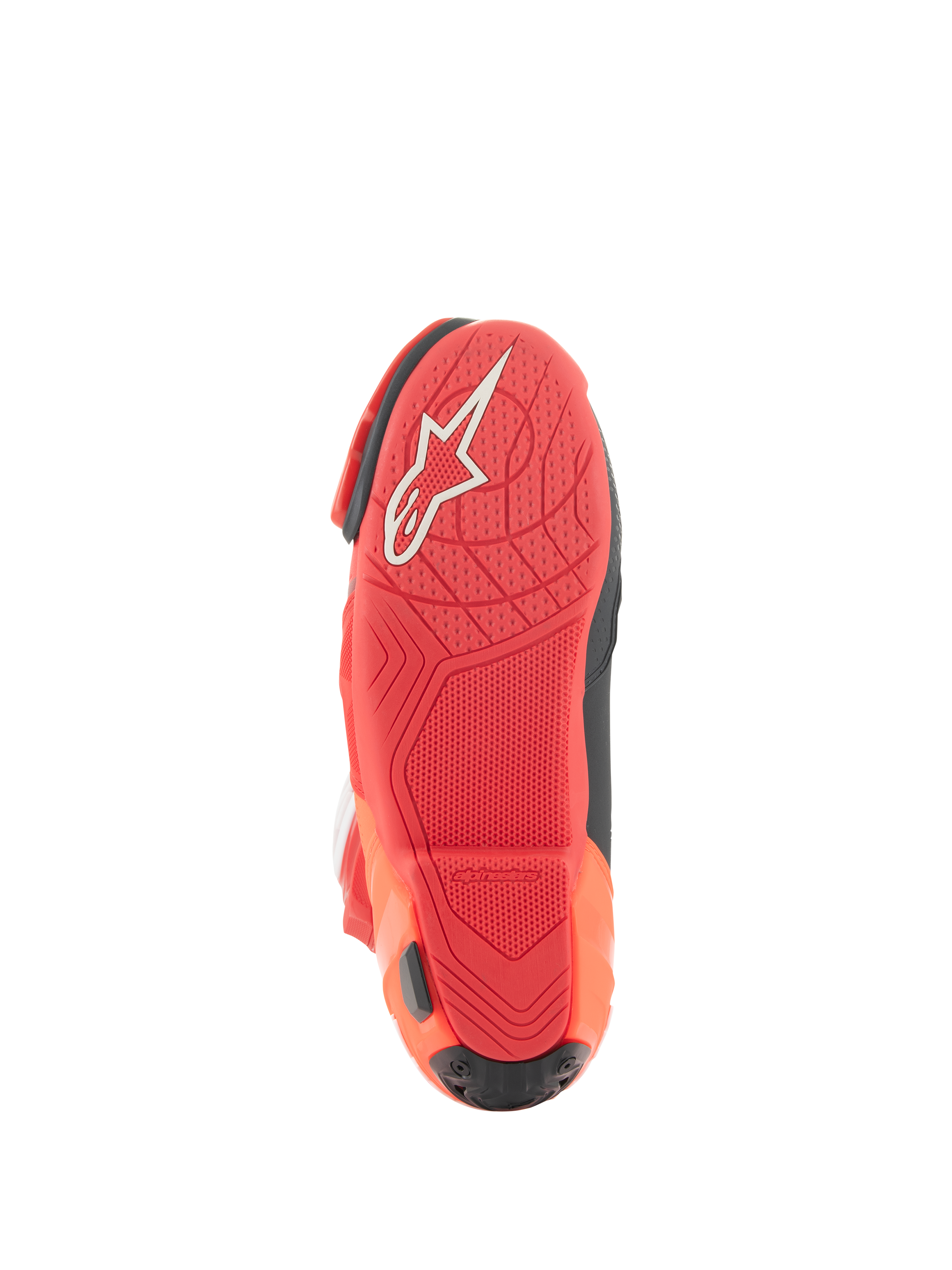 Alpinestars Supertech R Vented Stiefel, Racing-Stiefel, Hellrot und Red Fluo, Sohlenansicht mit leichter Gummimischung, weißem Alpinestars-Logo und texturiertem Grip-Muster für Motorrad-Fußrasten.