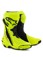 Alpinestars Supertech R Vented Stiefel, Motorrad-Rennstiefel, Gelb Fluo und Schwarz, umfassende Perforation für Luftzirkulation, schwarze TPU-Schienbeinplatte und Fersenprotektoren, schlankes aerodynamisches Profil für Rennstrecke und Straße.