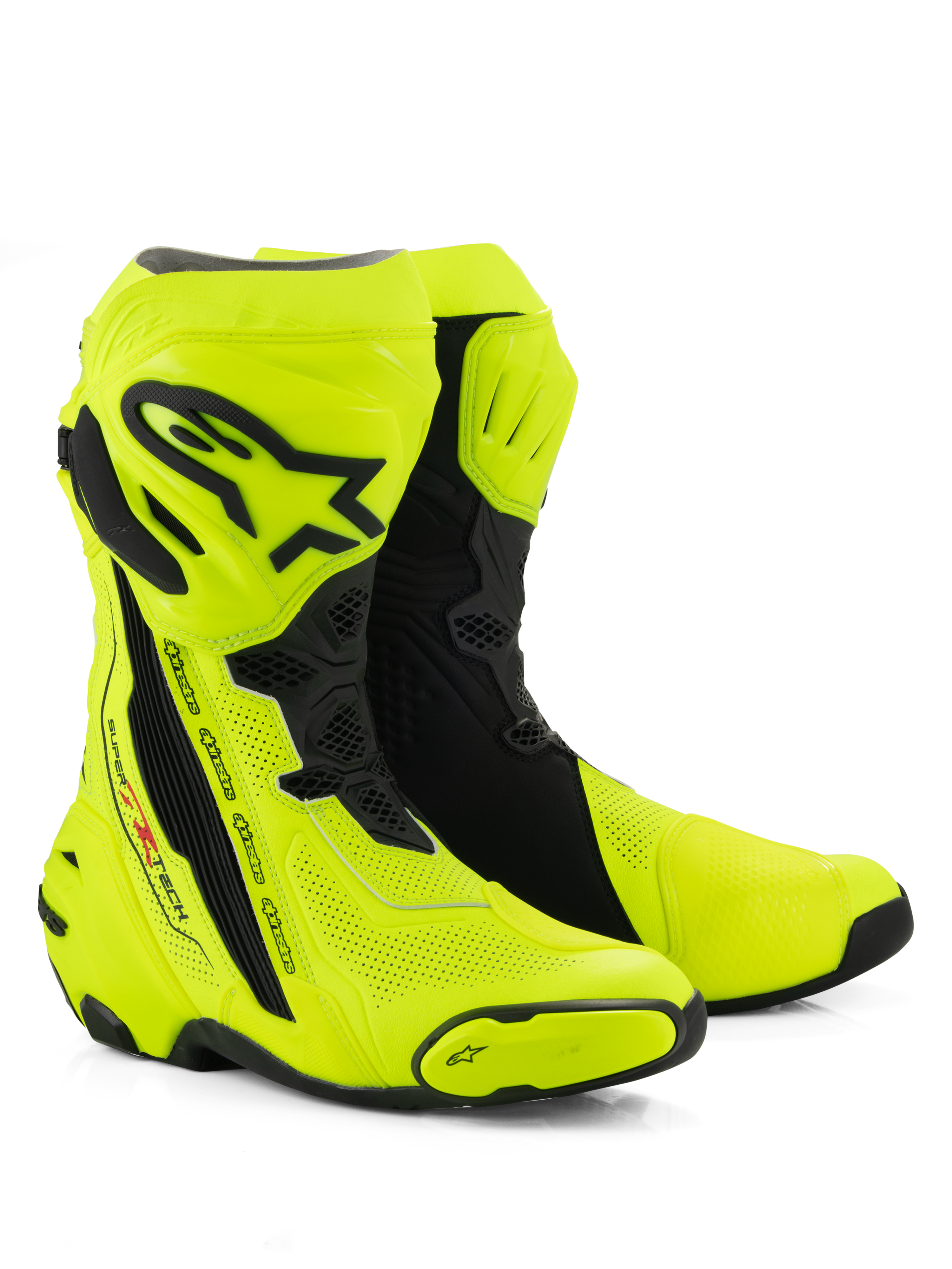 Alpinestars Supertech R Vented Stiefel, Motorrad-Rennstiefel, Gelb Fluo und Schwarz, umfassende Perforation für Luftzirkulation, schwarze TPU-Schienbeinplatte und Fersenprotektoren, schlankes aerodynamisches Profil für Rennstrecke und Straße.