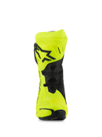 Alpinestars Supertech R Vented Stiefel, Motorrad-Rennstiefel, Gelb Fluo und Schwarz, Vorderansicht mit perforierter Mikrofaser, TPU-Schienbeinplatte mit schwarzem Stern-Logo und Belüftungsnetz für maximalen Luftstrom.