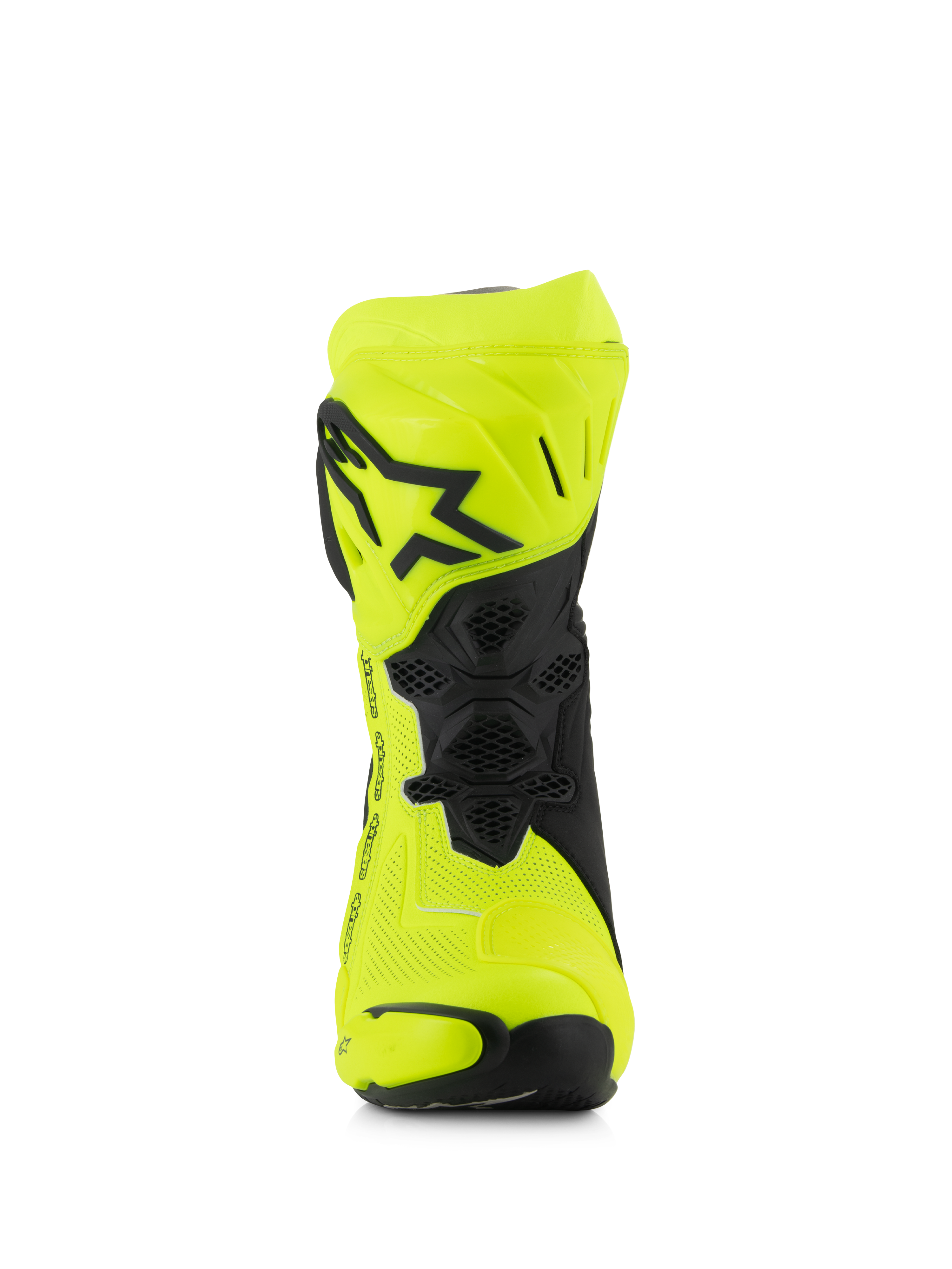 Alpinestars Supertech R Vented Stiefel, Motorrad-Rennstiefel, Gelb Fluo und Schwarz, Vorderansicht mit perforierter Mikrofaser, TPU-Schienbeinplatte mit schwarzem Stern-Logo und Belüftungsnetz für maximalen Luftstrom.