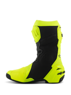 Alpinestars Supertech R Vented Stiefel, professionelle Motorrad-Rennstiefel, Gelb Fluo und Schwarz, mediales Seitenprofil, perforierte Mikrofaser-Konstruktion für hohen Luftstrom, TPU-Schutzplatten an Schienbein und Ferse, aerodynamisches Design für professionelle Rennstrecken-Fahrten