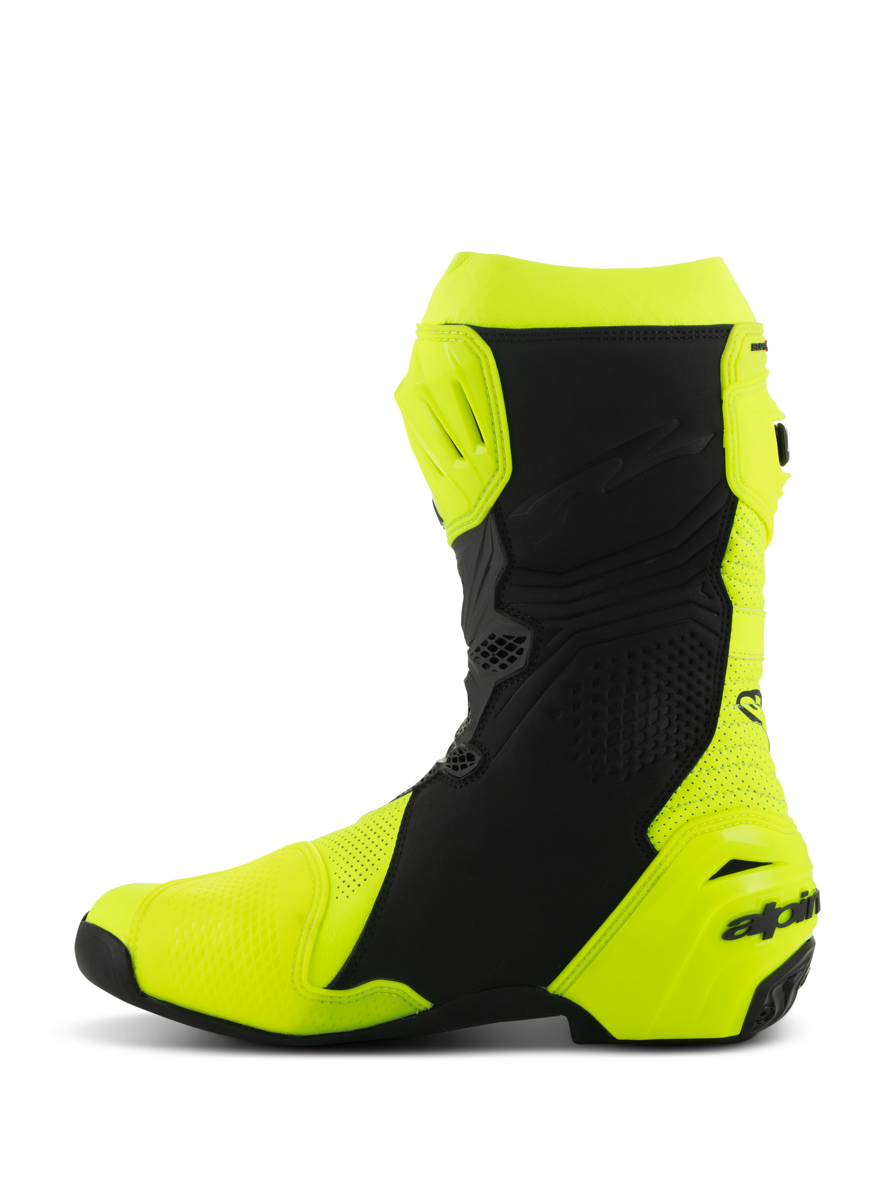 Alpinestars Supertech R Vented Stiefel, professionelle Motorrad-Rennstiefel, Gelb Fluo und Schwarz, mediales Seitenprofil, perforierte Mikrofaser-Konstruktion für hohen Luftstrom, TPU-Schutzplatten an Schienbein und Ferse, aerodynamisches Design für professionelle Rennstrecken-Fahrten