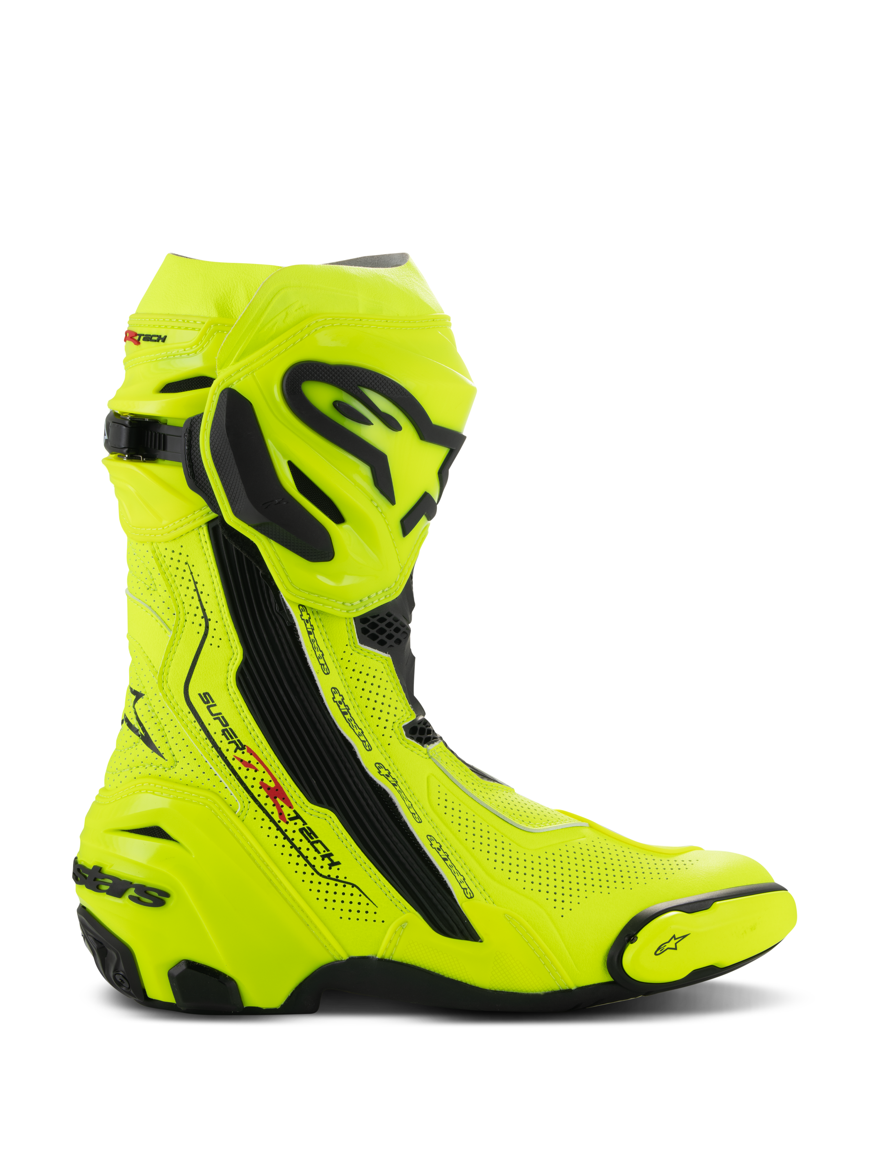 Alpinestars Supertech R Vented Stiefel, Motorradrennstiefel, Gelb Fluo und Schwarz, laserperforiertes Mikrofaser-Obermaterial für Belüftung, TPU-Schienbeinplatte und austauschbarer Zehenschleifer, aerodynamisches Design mit markantem Branding