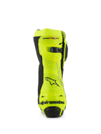 Alpinestars Supertech R Vented Stiefel, Rückansicht, Gelb Fluo und Schwarz, mit perforierter Mikrofaser-Konstruktion, mikroverstellbarem Ratschenverschluss an der Oberseite und schwarzem Alpinestars-Branding an der Ferse, professionelles Racing-Schuhwerk