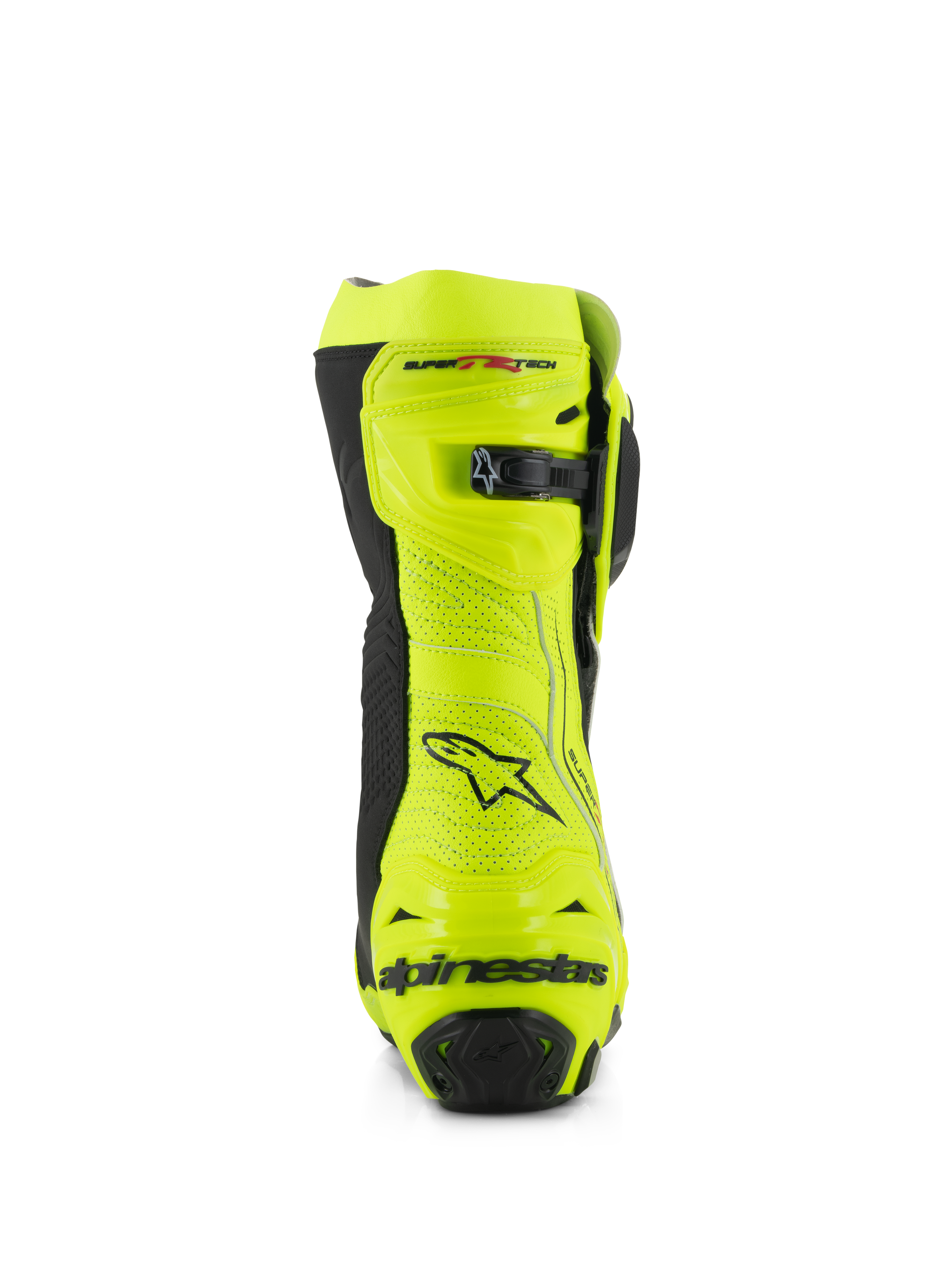 Alpinestars Supertech R Vented Stiefel, Rückansicht, Gelb Fluo und Schwarz, mit perforierter Mikrofaser-Konstruktion, mikroverstellbarem Ratschenverschluss an der Oberseite und schwarzem Alpinestars-Branding an der Ferse, professionelles Racing-Schuhwerk