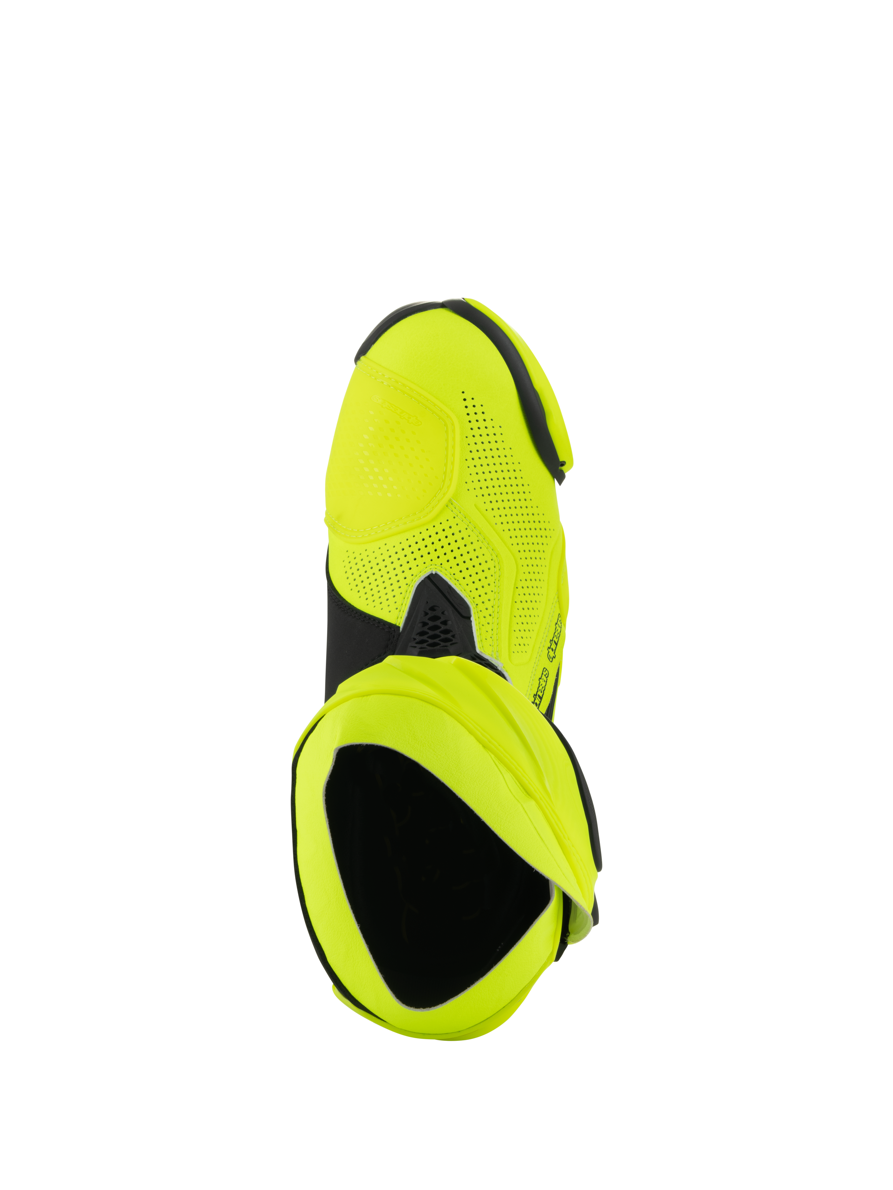 Alpinestars Supertech R Vented Stiefel, Rennsport-Motorradstiefel, Gelb Fluo und Schwarz, Draufsicht mit umfassenden Laserperforationen und Öffnung des Innenschuhs.