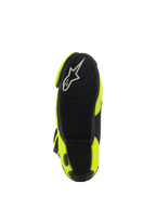 Alpinestars Supertech R Vented Boots, Unteransicht mit schwarzer Gummisohle, strukturiertes Profilmuster für Fußrasten, weißes A-Star-Logo, Rennsport-Motorradstiefel in Gelb Fluo und Schwarz