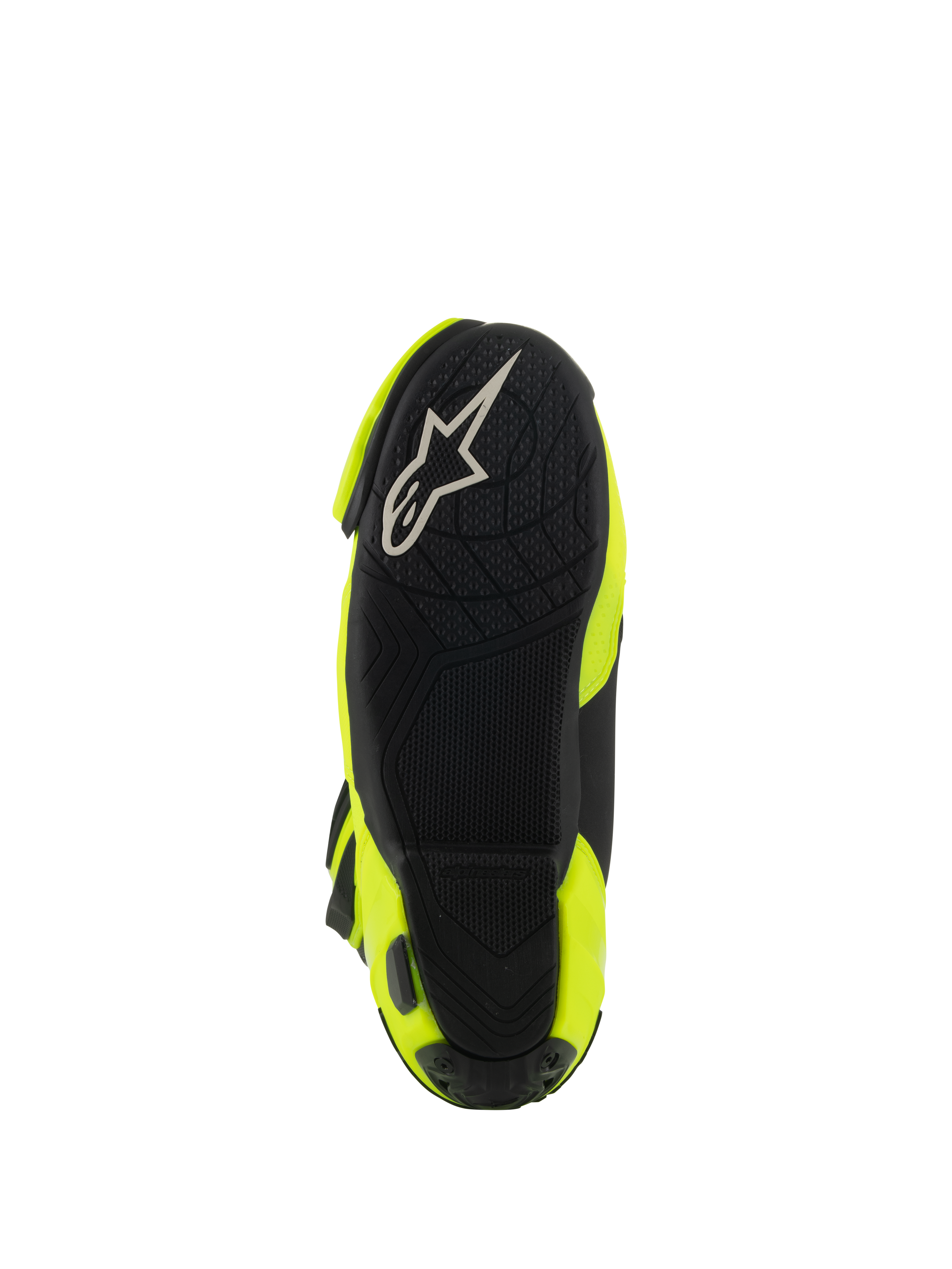 Alpinestars Supertech R Vented Boots, Unteransicht mit schwarzer Gummisohle, strukturiertes Profilmuster für Fußrasten, weißes A-Star-Logo, Rennsport-Motorradstiefel in Gelb Fluo und Schwarz