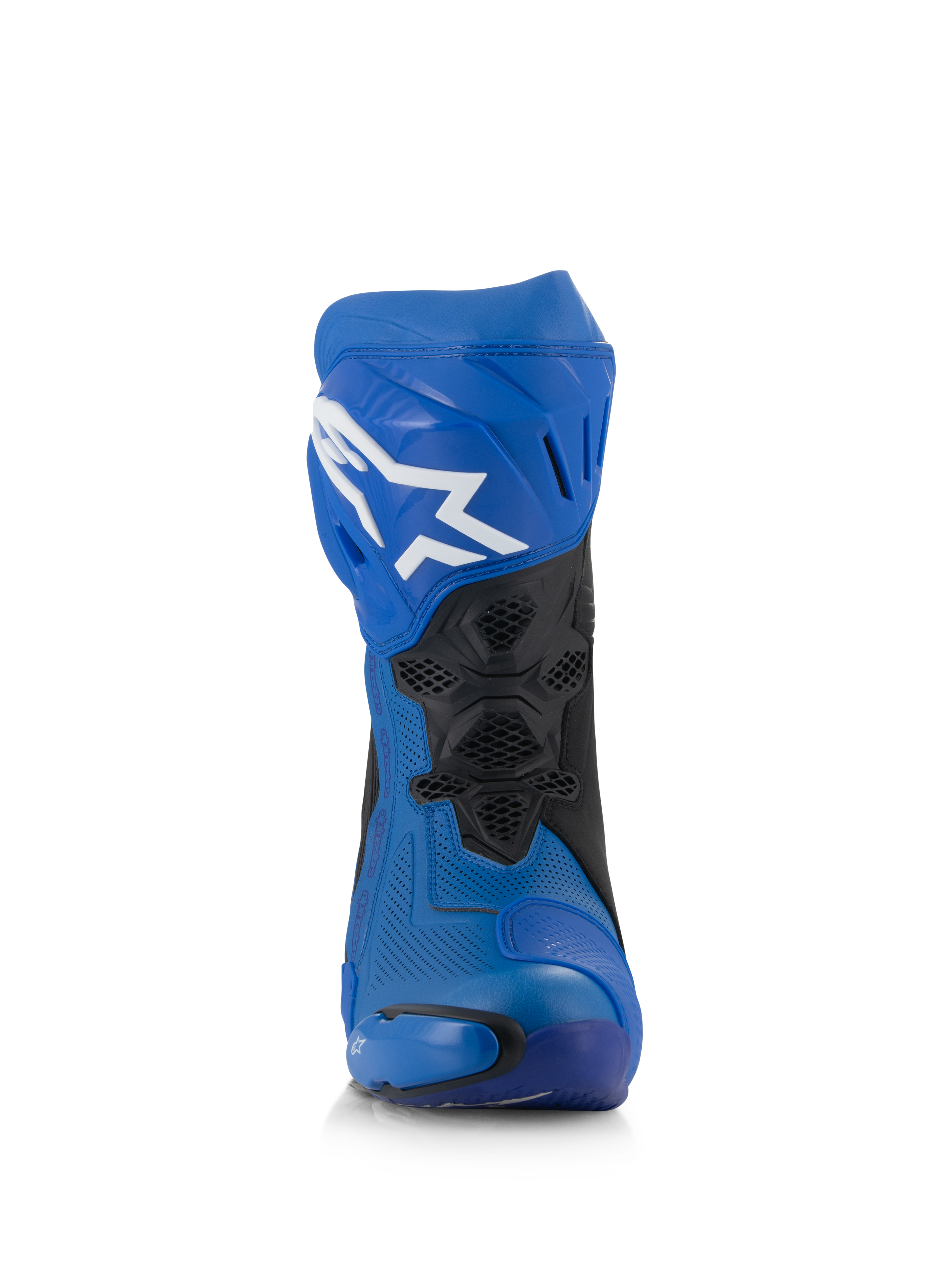 Alpinestars Supertech R Vented Boots, Blue and Black racing motorcycle boots, front view, perforated microfiber upper, white Astar logo on the shin plate, ventilated mesh panels and protective sliders.