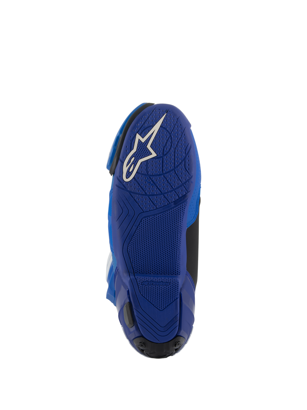 Alpinestars Supertech R Vented Boots, Blue and Black, Bottom view of the blue rubber sole with a white Astars logo, featuring textured grip patterns for footpeg control, high-performance motorcycle racing footwear.