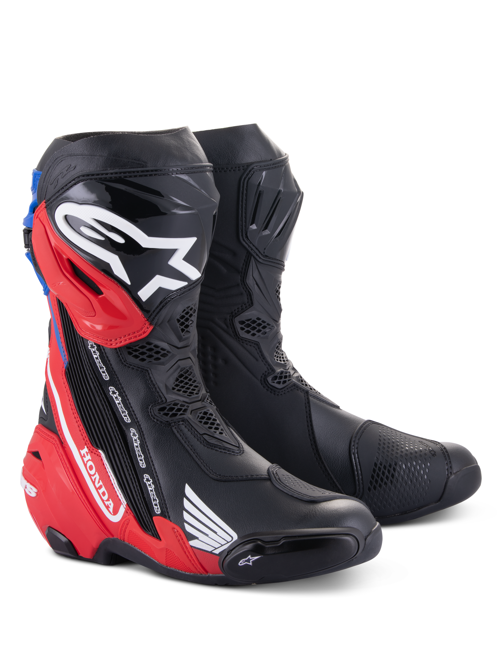 Alpinestars Honda Supertech R Boots, Motorcycle Racing Boots, Black Bright Red and Blue, featuring TPU shin guards, Honda branding, and advanced aerodynamic design for track and road performance.