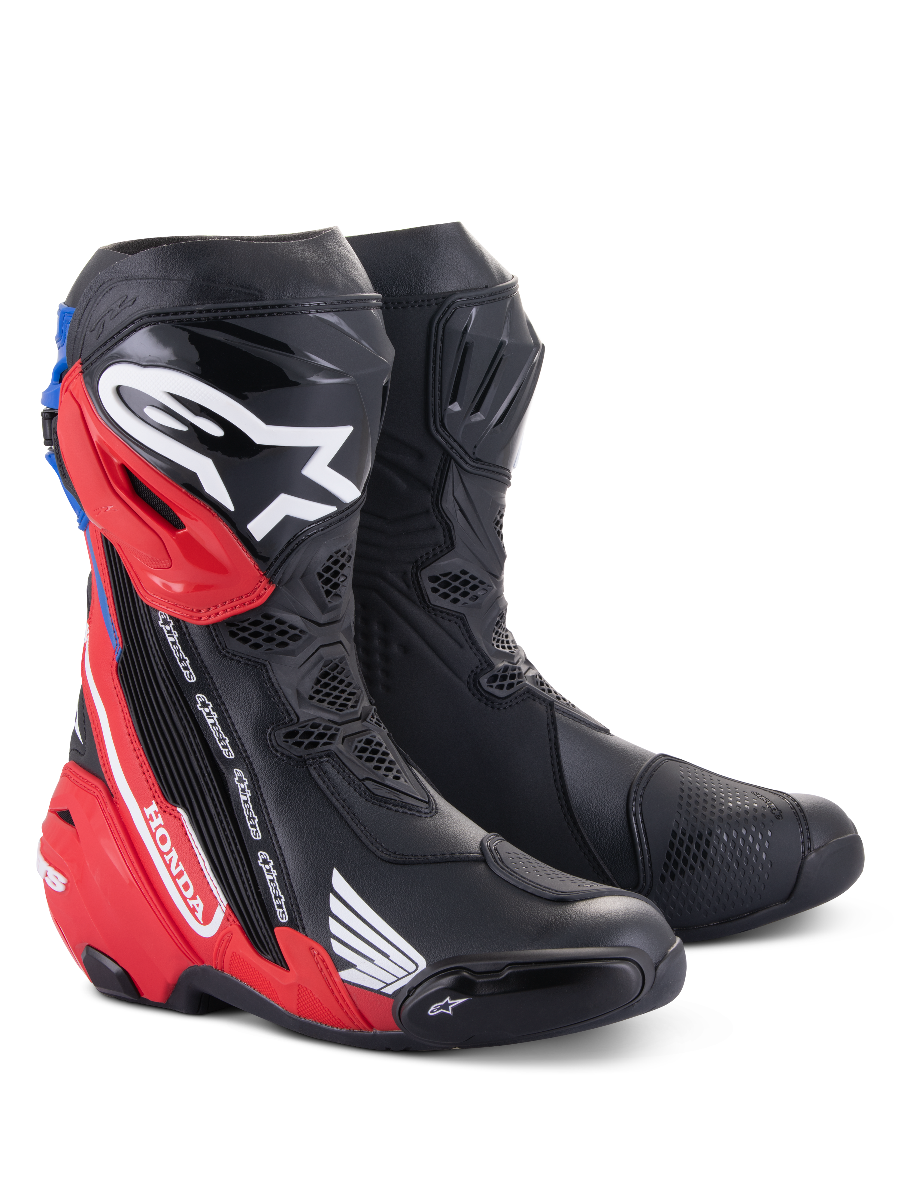 Alpinestars Honda Supertech R Stiefel, Motorrad-Rennstiefel, Schwarz, Hellrot und Blau, mit TPU-Schienbeinschützern, Honda-Branding und fortschrittlichem aerodynamischem Design für Performance auf Rennstrecke und Straße.