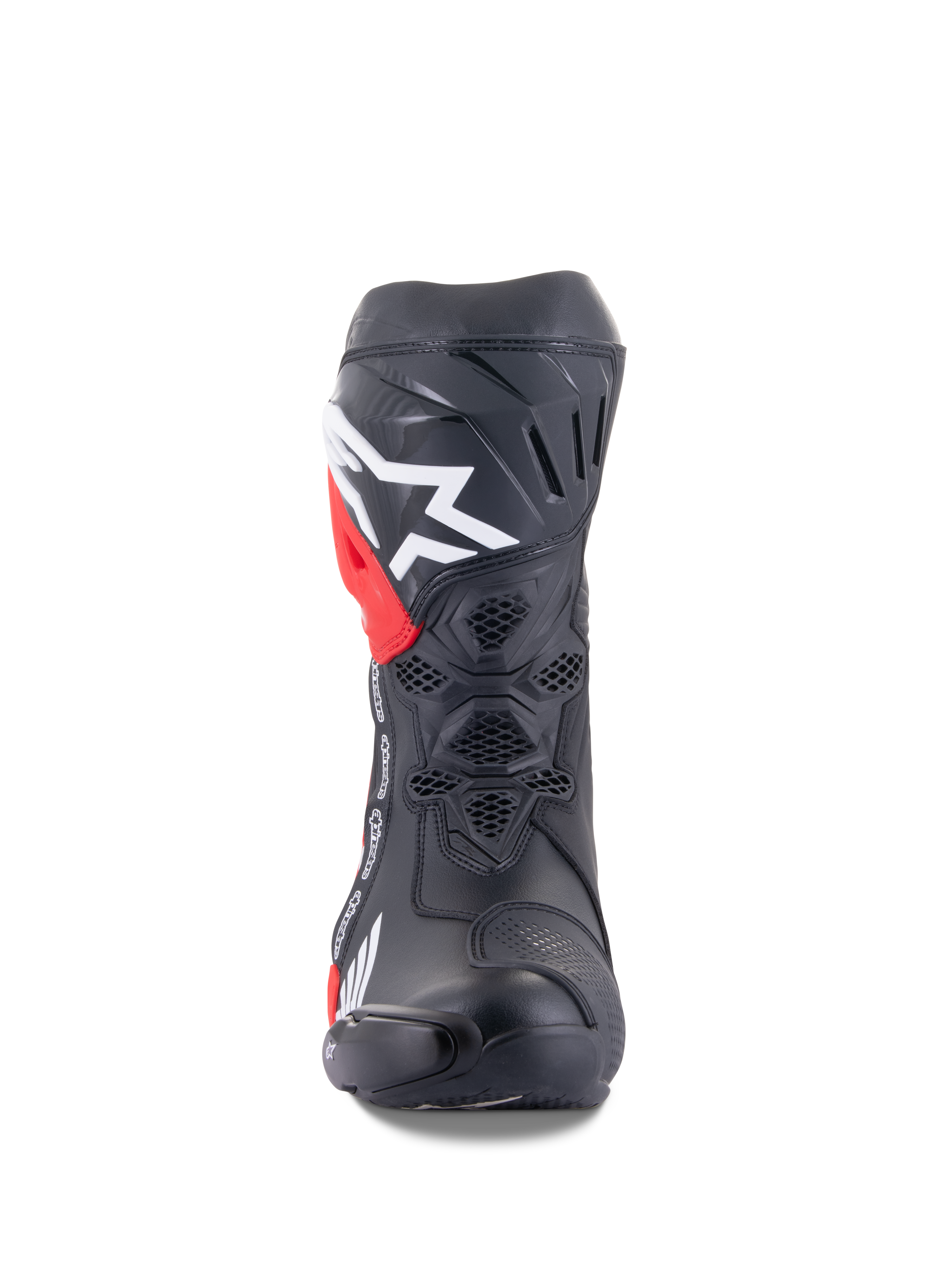 Alpinestars Honda Supertech R Stiefel, Motorrad-Rennstiefel, Schwarz mit roten und weißen Akzenten, Vorderansicht mit Waben-Mesh-Belüftung, großes weißes Logo am Schienbein, Hochleistungs-Mikrofaser-Konstruktion