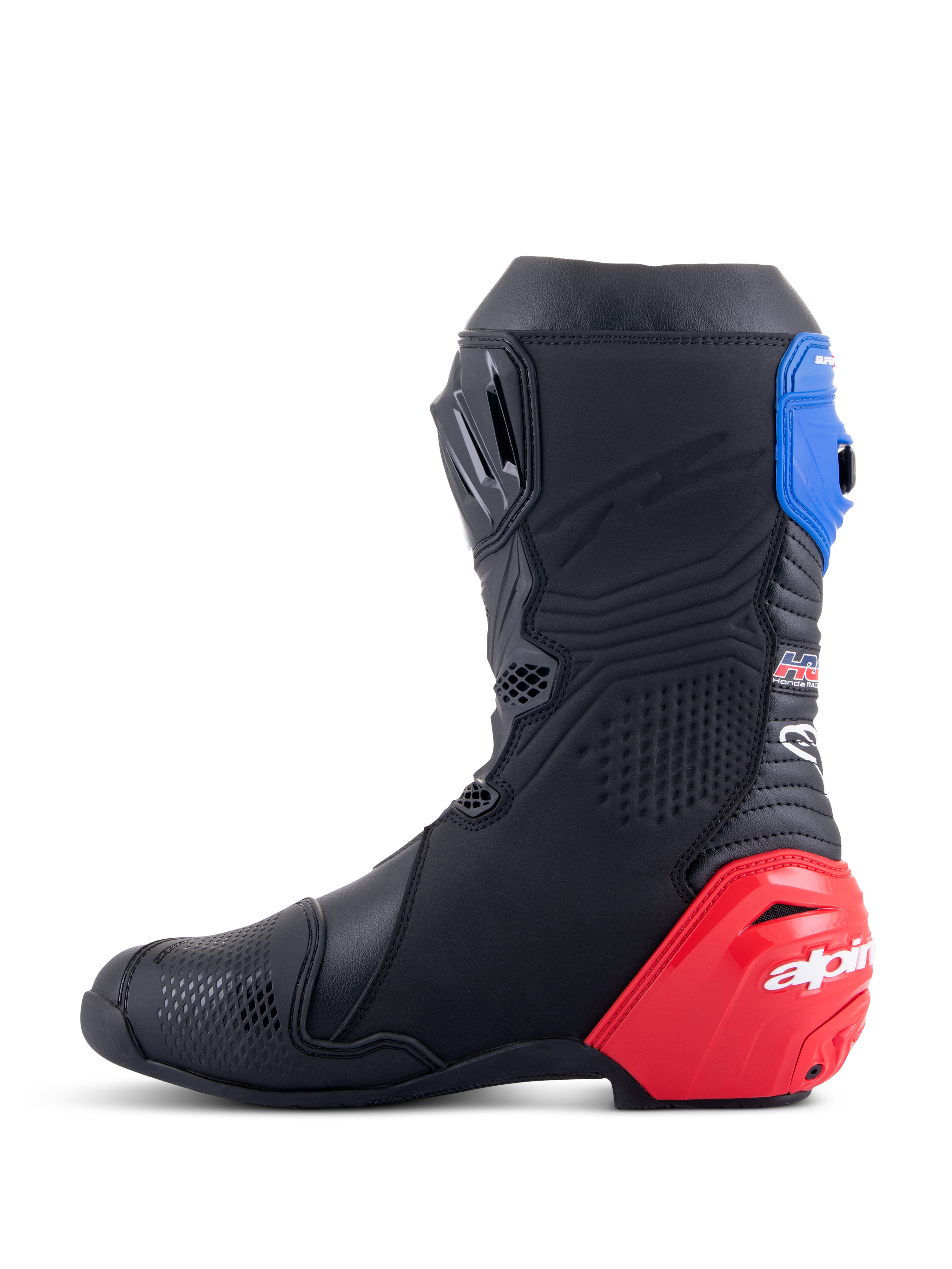 Alpinestars Honda Supertech R Stiefel, Rennmotorradstiefel, Schwarz mit hellroten und blauen Akzenten, mit markantem rotem TPU-Fersenschleifer, blauer oberer Gamasche und Alpinestars-Branding, technisches Design für professionelle Rennstrecken- und Straßenperformance.