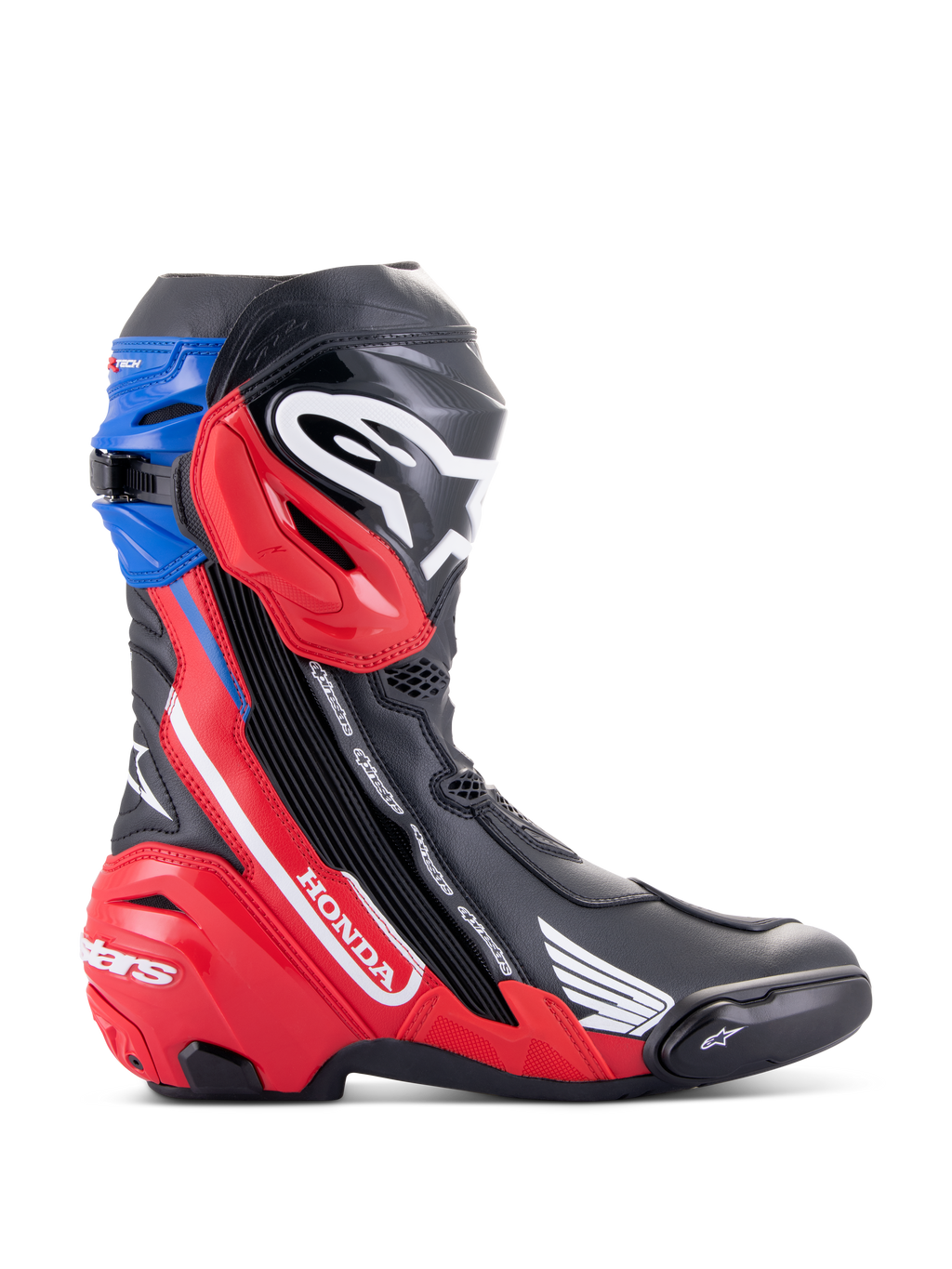 Alpinestars Honda Supertech R Stiefel, Racing-Motorradstiefel, Schwarz, leuchtendes Rot und Blau, mit weißem Honda-Branding auf rotem Seitenpanel, Alpinestars-Logo auf dem Schienbein, blauer Gamasche oben, schlankes aerodynamisches Design mit fortschrittlichem TPU-Schutz