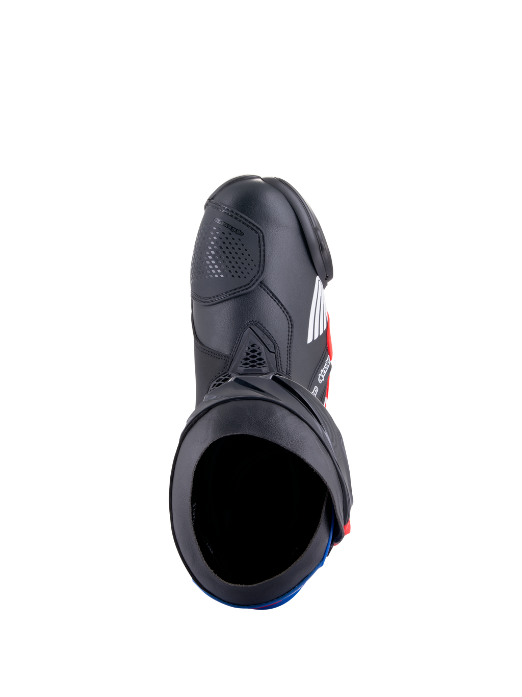 Alpinestars Honda Supertech R Stiefel, Motorrad-Rennstiefel, Schwarz, Hellrot und Blau, Draufsicht mit Darstellung der Stiefelöffnung und Mikrofaser-Konstruktion, schützende TPU-Platten und aerodynamisches Renndesign