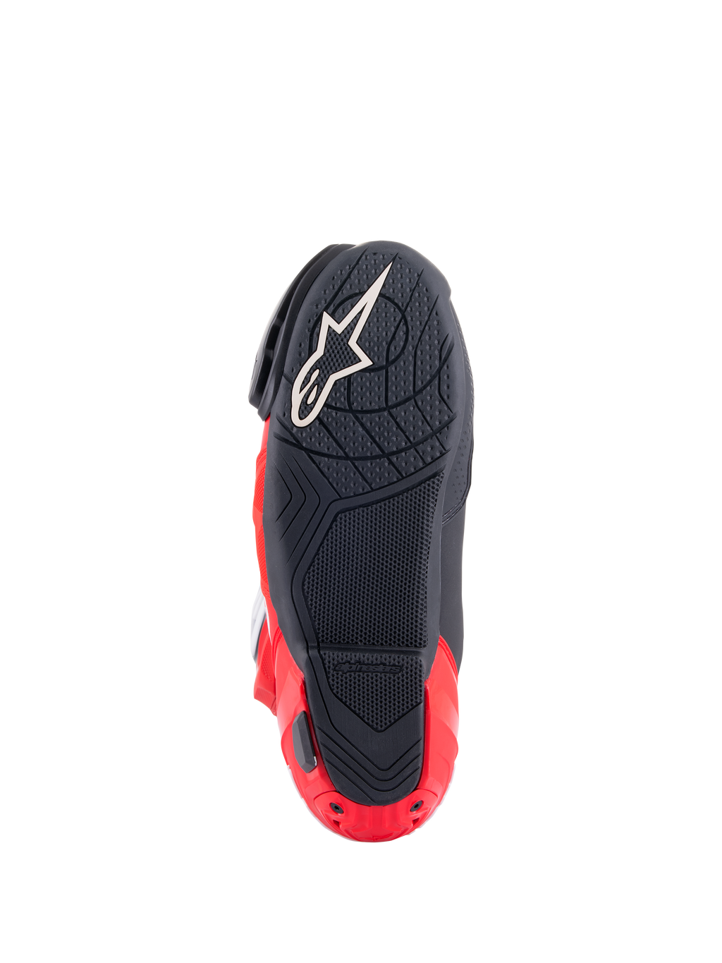 Alpinestars Honda Supertech R Stiefel, Sohlenansicht, Schwarz und leuchtendes Rot, mit strukturierter Gummimischung für Grip, weißem Astar-Logo am Vorfuß und rotem Fersenplatten-Slider, Hochleistungs-Motorradstiefel für den Rennsport.