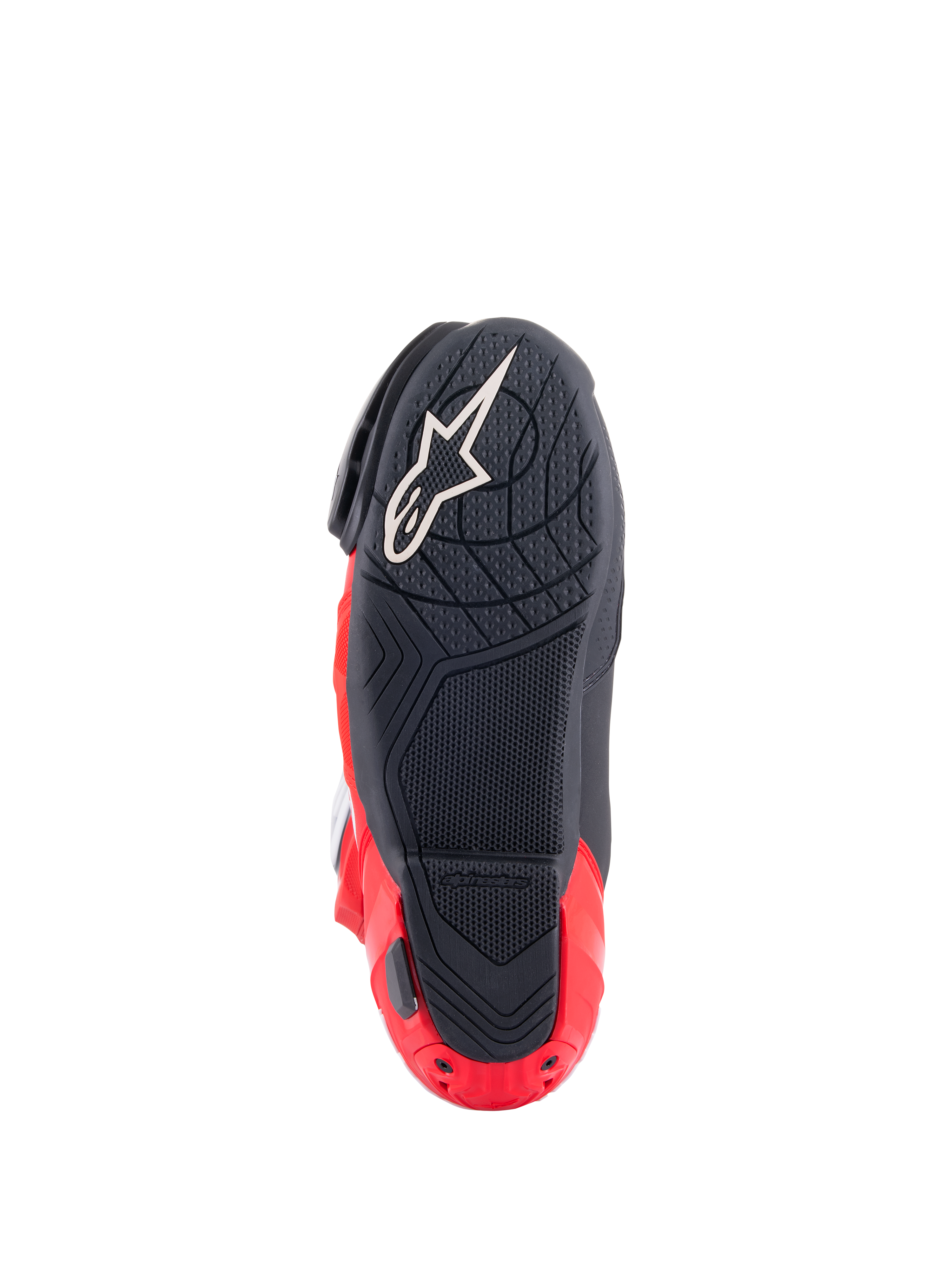 Alpinestars Honda Supertech R Stiefel, Sohlenansicht, Schwarz und leuchtendes Rot, mit strukturierter Gummimischung für Grip, weißem Astar-Logo am Vorfuß und rotem Fersenplatten-Slider, Hochleistungs-Motorradstiefel für den Rennsport.