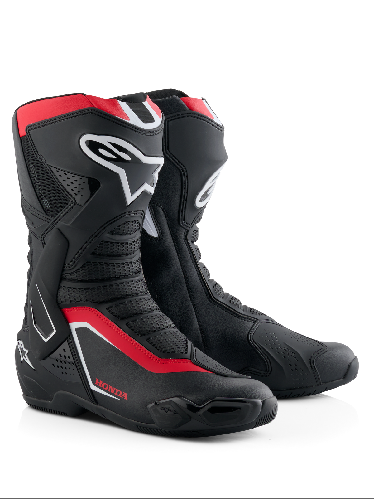 Alpinestars Honda SMX-6 V3 Stiefel, Performance-Motorradstiefel, Schwarz, leuchtendes Rot und Weiß, mit TPU-Schienbein- und Knöchelschutz, belüfteten Mesh-Einsätzen und modernem aerodynamischen Profil mit Honda-Branding.