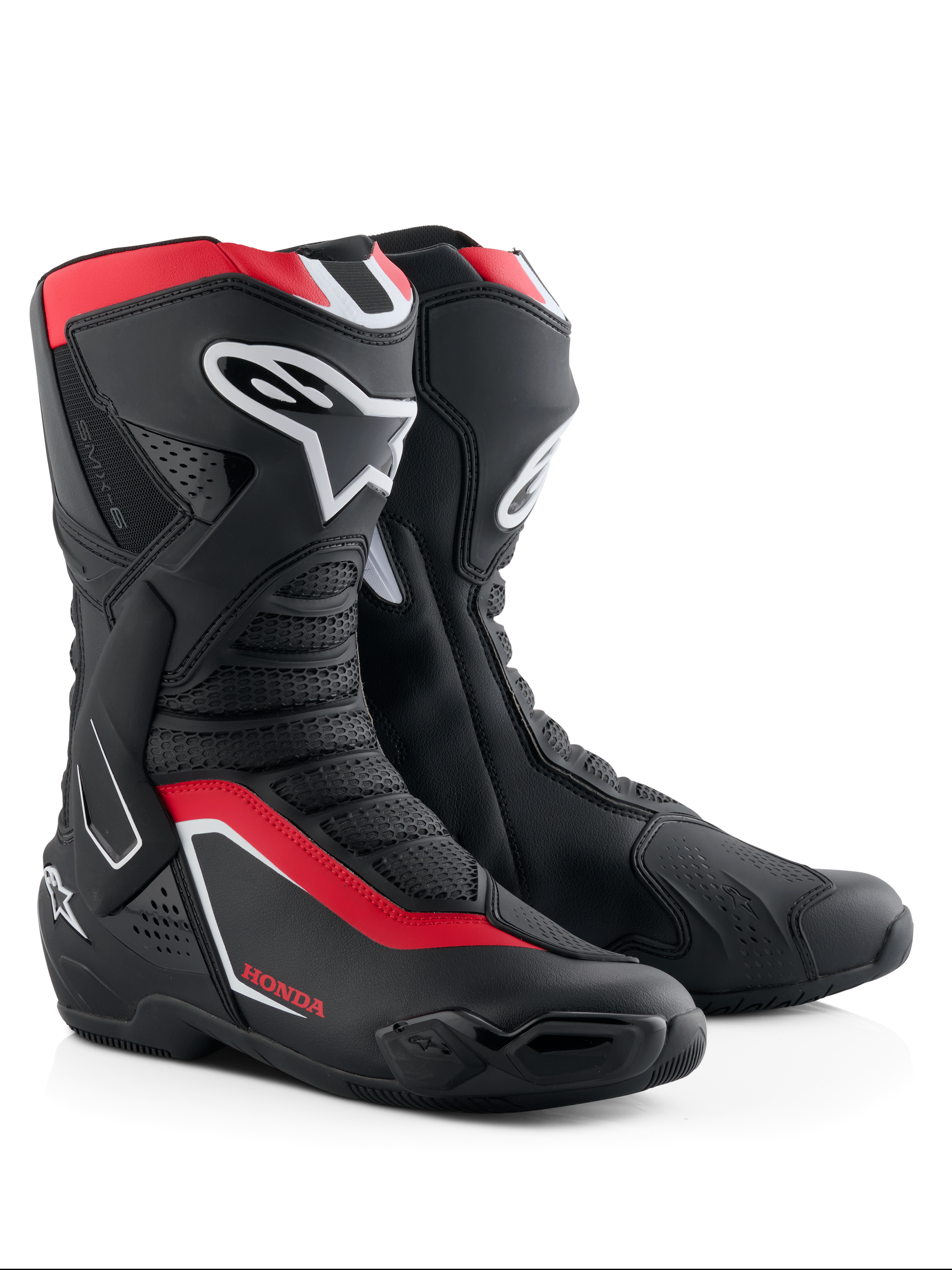 Alpinestars Honda SMX-6 V3 Stiefel, Performance-Motorradstiefel, Schwarz, leuchtendes Rot und Weiß, mit TPU-Schienbein- und Knöchelschutz, belüfteten Mesh-Einsätzen und modernem aerodynamischen Profil mit Honda-Branding.