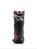 Alpinestars Honda SMX-6 V3 Stiefel, Performance-Motorradstiefel, Schwarz, leuchtendes Rot und Weiß, Vorderansicht mit großem weißen Alpinestars-Logo auf dem Schienbein, strukturierten Mesh-Flexzonen und aerodynamischem Schutzprofil