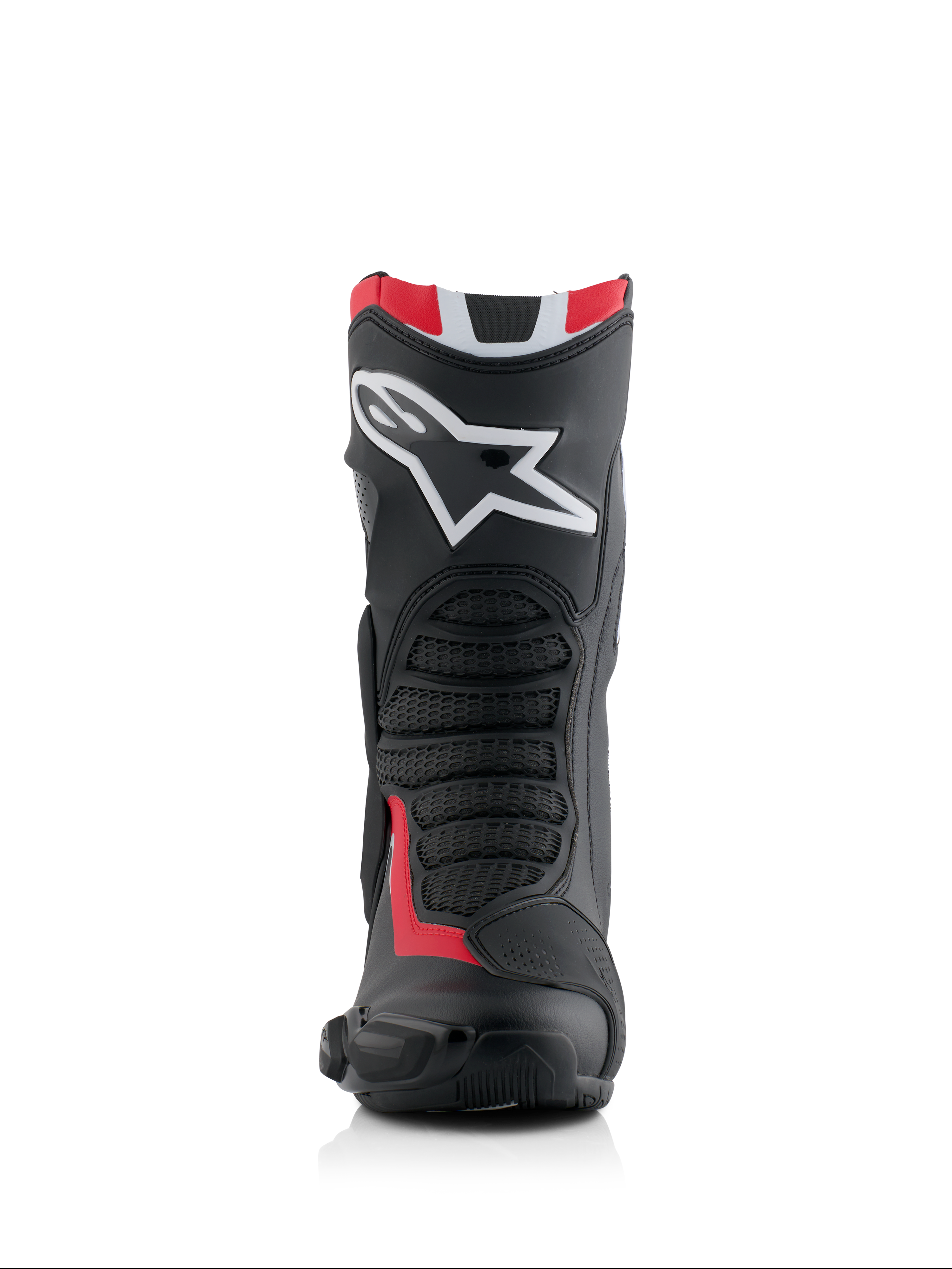 Alpinestars Honda SMX-6 V3 Stiefel, Performance-Motorradstiefel, Schwarz, leuchtendes Rot und Weiß, Vorderansicht mit großem weißen Alpinestars-Logo auf dem Schienbein, strukturierten Mesh-Flexzonen und aerodynamischem Schutzprofil