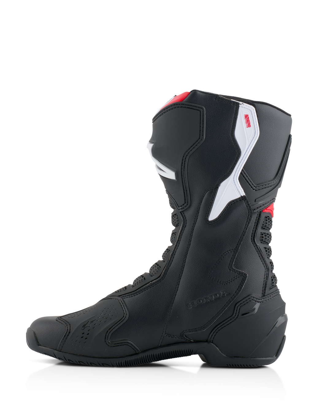 Alpinestars Honda SMX-6 V3 Stiefel, Performance-Motorradstiefel, Schwarz mit leuchtend roten und weißen Akzenten, mediales Seitenprofil, mit strapazierfähiger Mikrofaser-Konstruktion, TPU-Schutzpaneelen und geprägtem Honda-Branding.