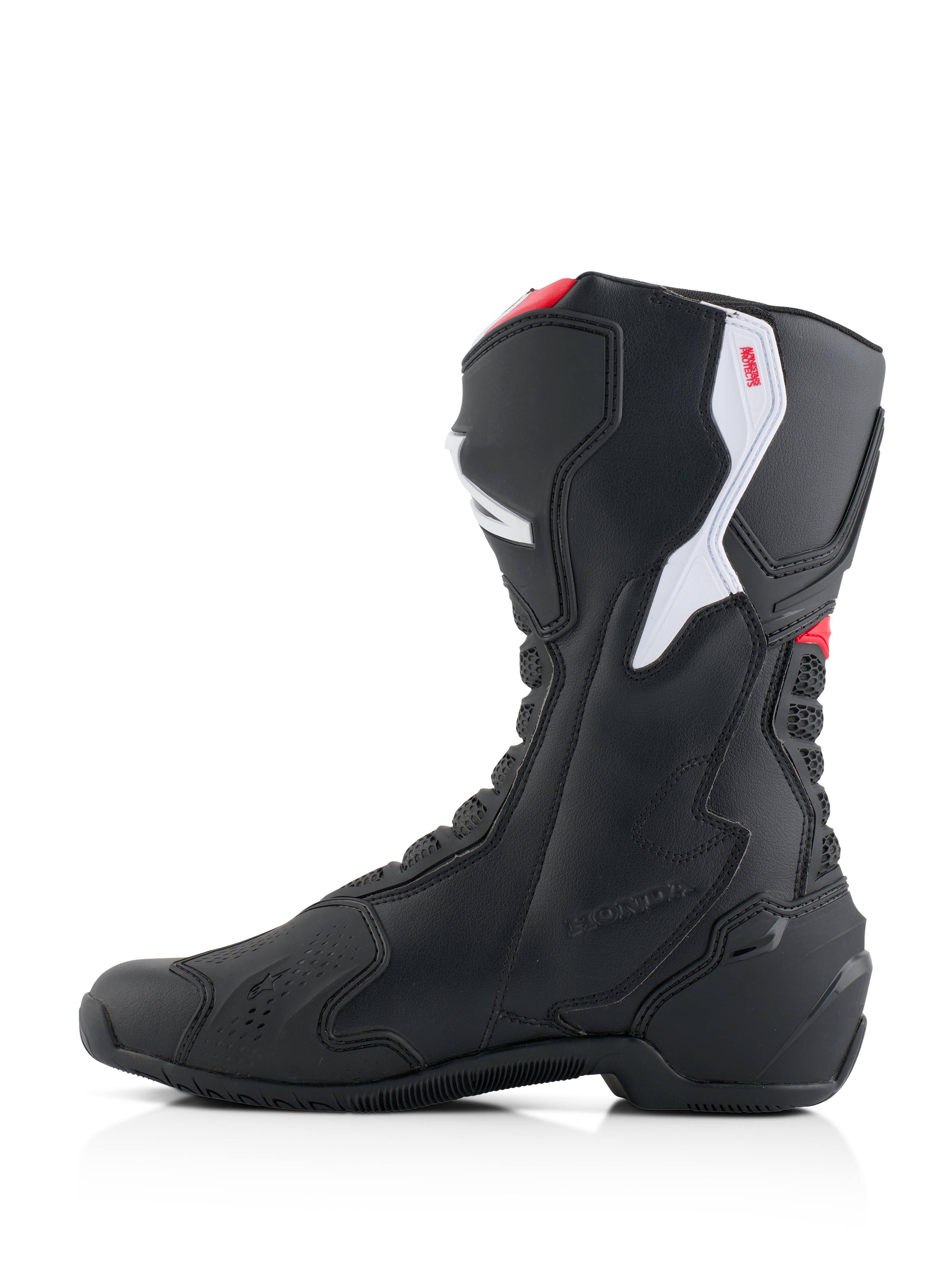 Alpinestars Honda SMX-6 V3 Stiefel, Performance-Motorradstiefel, Schwarz mit leuchtend roten und weißen Akzenten, mediales Seitenprofil, mit strapazierfähiger Mikrofaser-Konstruktion, TPU-Schutzpaneelen und geprägtem Honda-Branding.