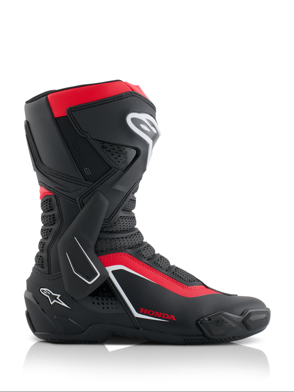 Alpinestars Honda SMX-6 V3 Stiefel, Performance-Motorradstiefel, Schwarz, leuchtendes Rot und Weiß, Seitenansicht mit Mikrofaser-Konstruktion, TPU-Schutz, seitlicher Knöchelstütze und Honda-Branding, professionelle Motorradrenn- und Straßenausrüstung