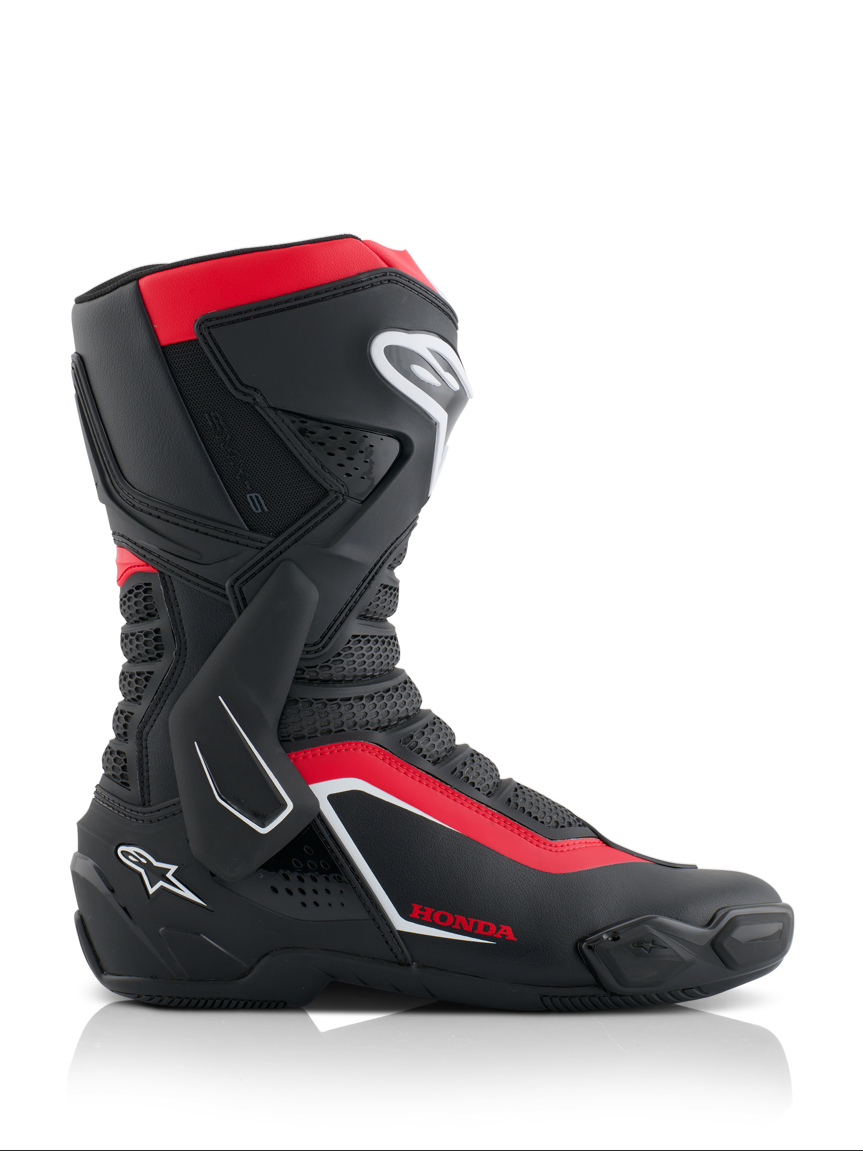 Alpinestars Honda SMX-6 V3 Stiefel, Performance-Motorradstiefel, Schwarz, leuchtendes Rot und Weiß, Seitenansicht mit Mikrofaser-Konstruktion, TPU-Schutz, seitlicher Knöchelstütze und Honda-Branding, professionelle Motorradrenn- und Straßenausrüstung