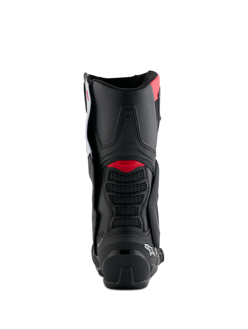 Alpinestars Honda SMX-6 V3 Stiefel, Rückansicht, Schwarz mit leuchtend roten und weißen Akzenten, Performance-Motorradstiefel mit TPU-Wadenschutz hinten und Belüftungsdetails
