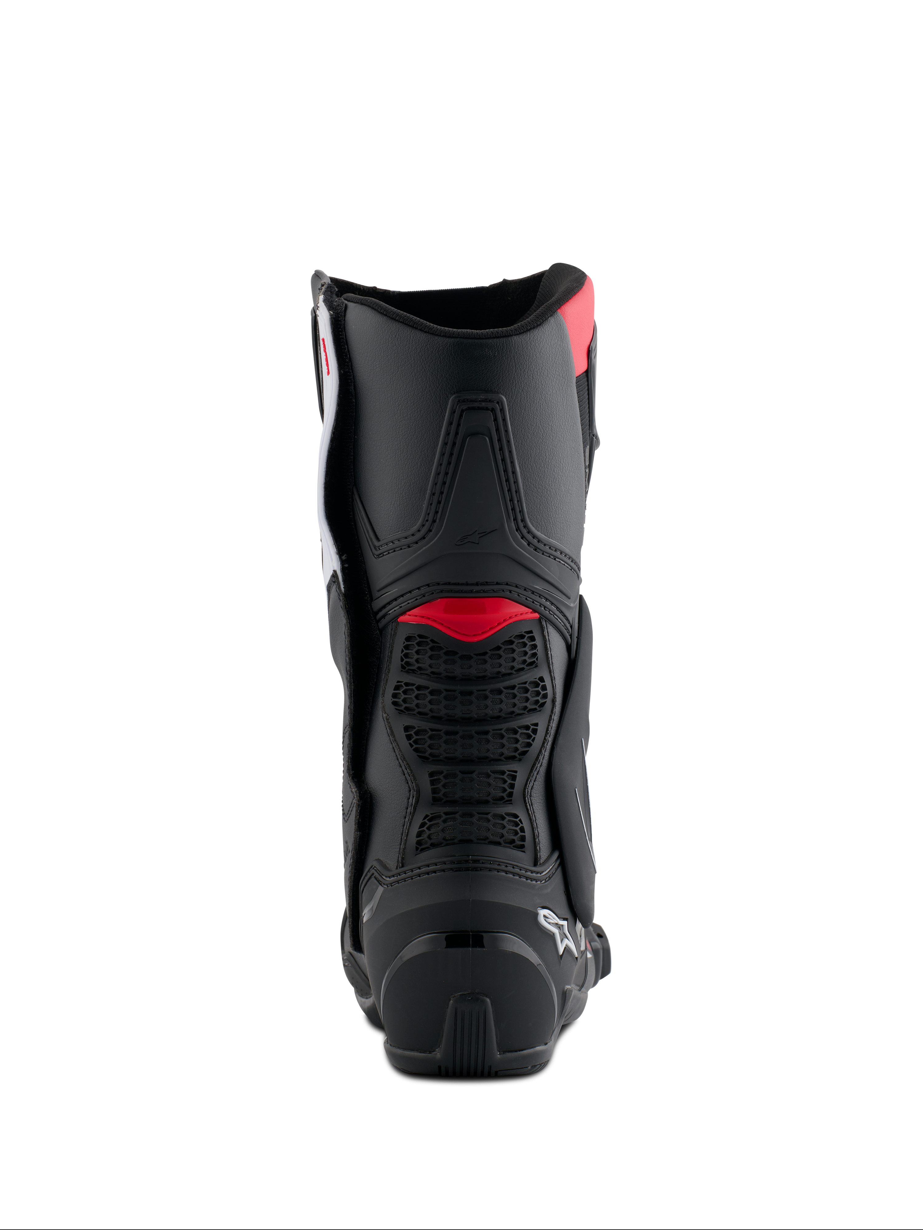 Alpinestars Honda SMX-6 V3 Stiefel, Rückansicht, Schwarz mit leuchtend roten und weißen Akzenten, Performance-Motorradstiefel mit TPU-Wadenschutz hinten und Belüftungsdetails