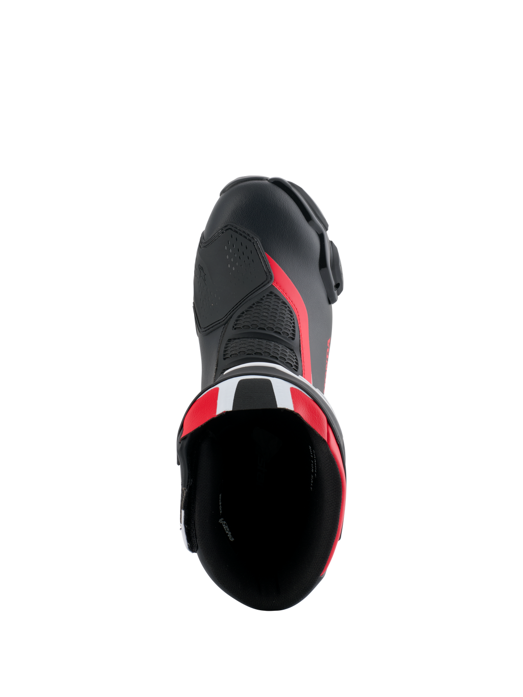 Alpinestars Honda SMX-6 V3 Stiefel, Performance-Motorradstiefel, Schwarz, Leuchtend Rot und Weiß, Draufsicht mit Blick in die Stiefelöffnung, Mikrofaser-Obermaterial mit Mesh-Details und roten Akzenten, schlankes aerodynamisches Design für Rennstrecke und Straße