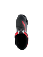 Alpinestars Honda SMX-6 V3 Stiefel, Performance-Motorradstiefel, Schwarz, Leuchtend Rot und Weiß, Draufsicht mit Blick in die Stiefelöffnung, Mikrofaser-Obermaterial mit Mesh-Details und roten Akzenten, schlankes aerodynamisches Design für Rennstrecke und Straße