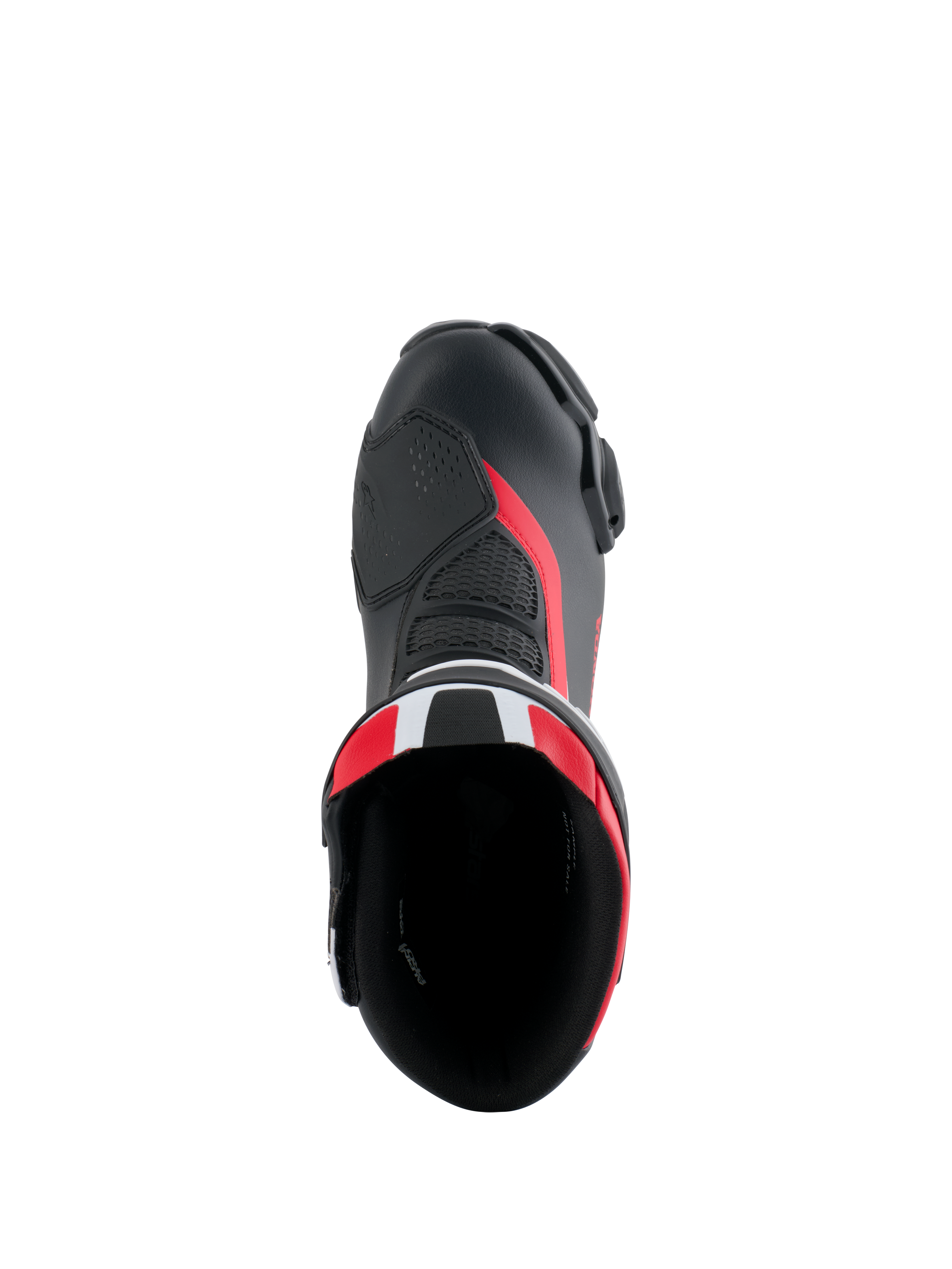 Alpinestars Honda SMX-6 V3 Stiefel, Performance-Motorradstiefel, Schwarz, Leuchtend Rot und Weiß, Draufsicht mit Blick in die Stiefelöffnung, Mikrofaser-Obermaterial mit Mesh-Details und roten Akzenten, schlankes aerodynamisches Design für Rennstrecke und Straße