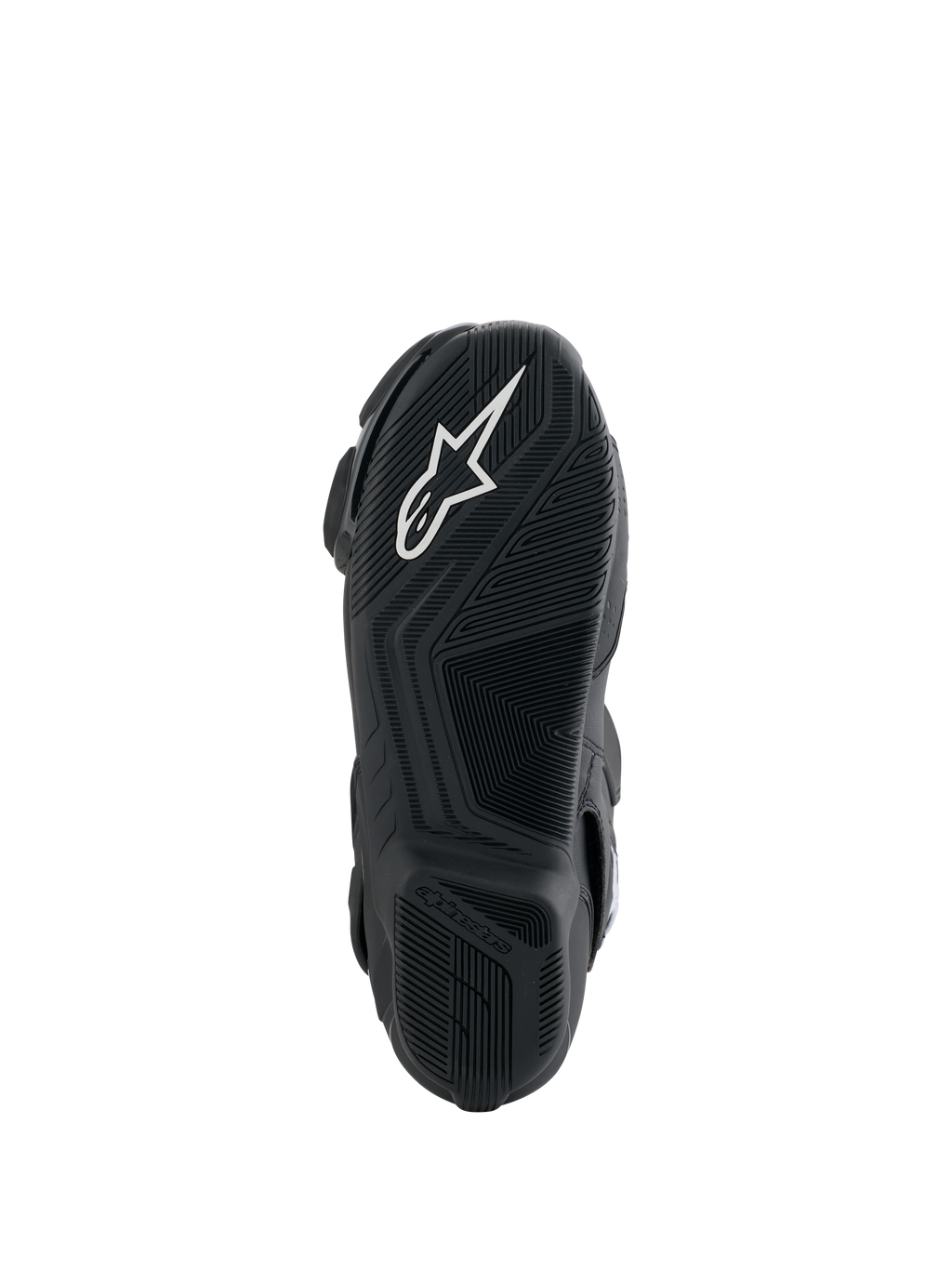 Alpinestars Honda SMX-6 V3 Stiefel, Sohlenansicht, schwarze Gummiaußensohle mit weißem Alpinestars-Logo, strukturiertes Grip-Design für Präzision an den Bedienelementen des Motorrads