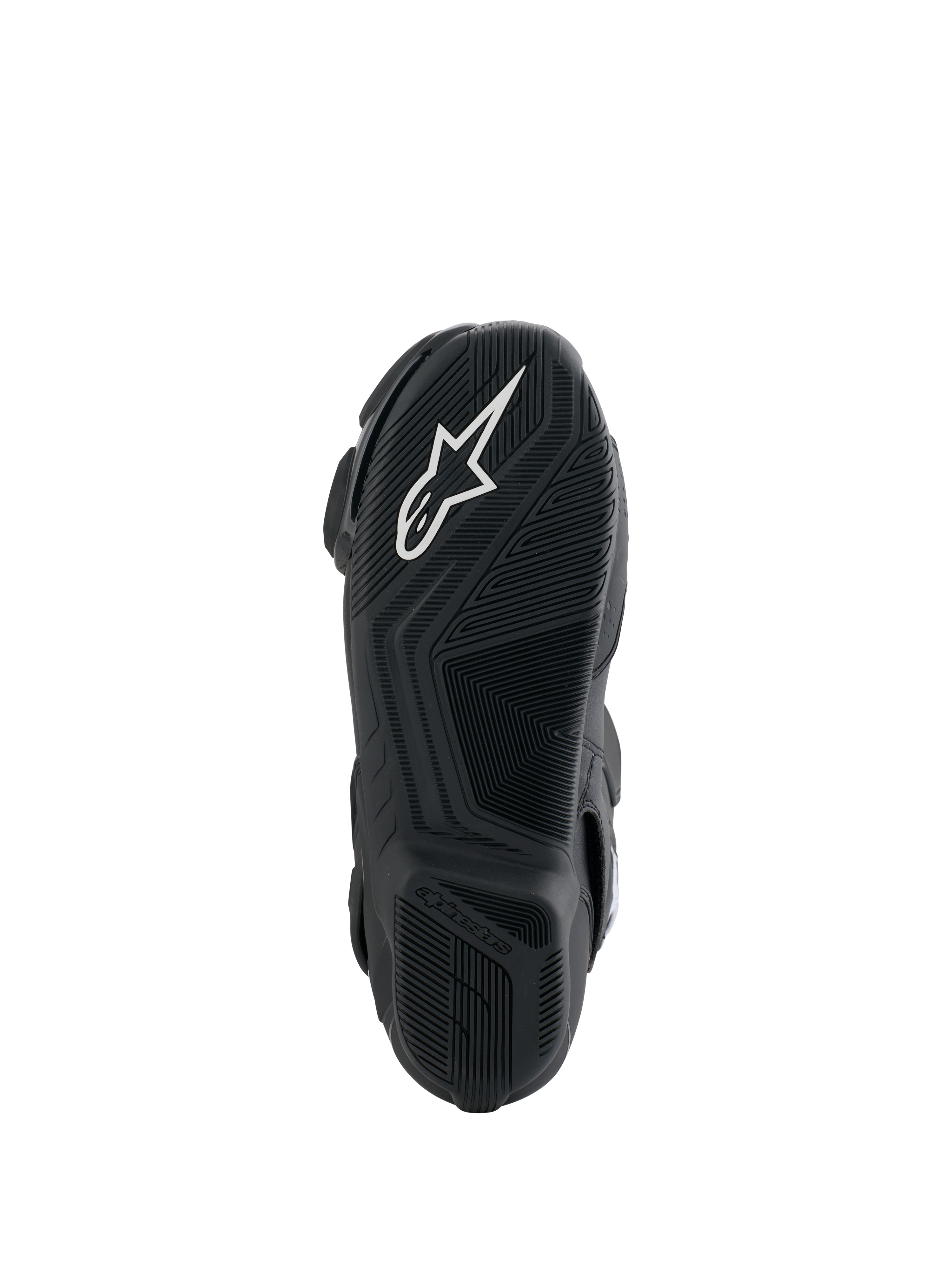 Alpinestars Honda SMX-6 V3 Stiefel, Sohlenansicht, schwarze Gummiaußensohle mit weißem Alpinestars-Logo, strukturiertes Grip-Design für Präzision an den Bedienelementen des Motorrads