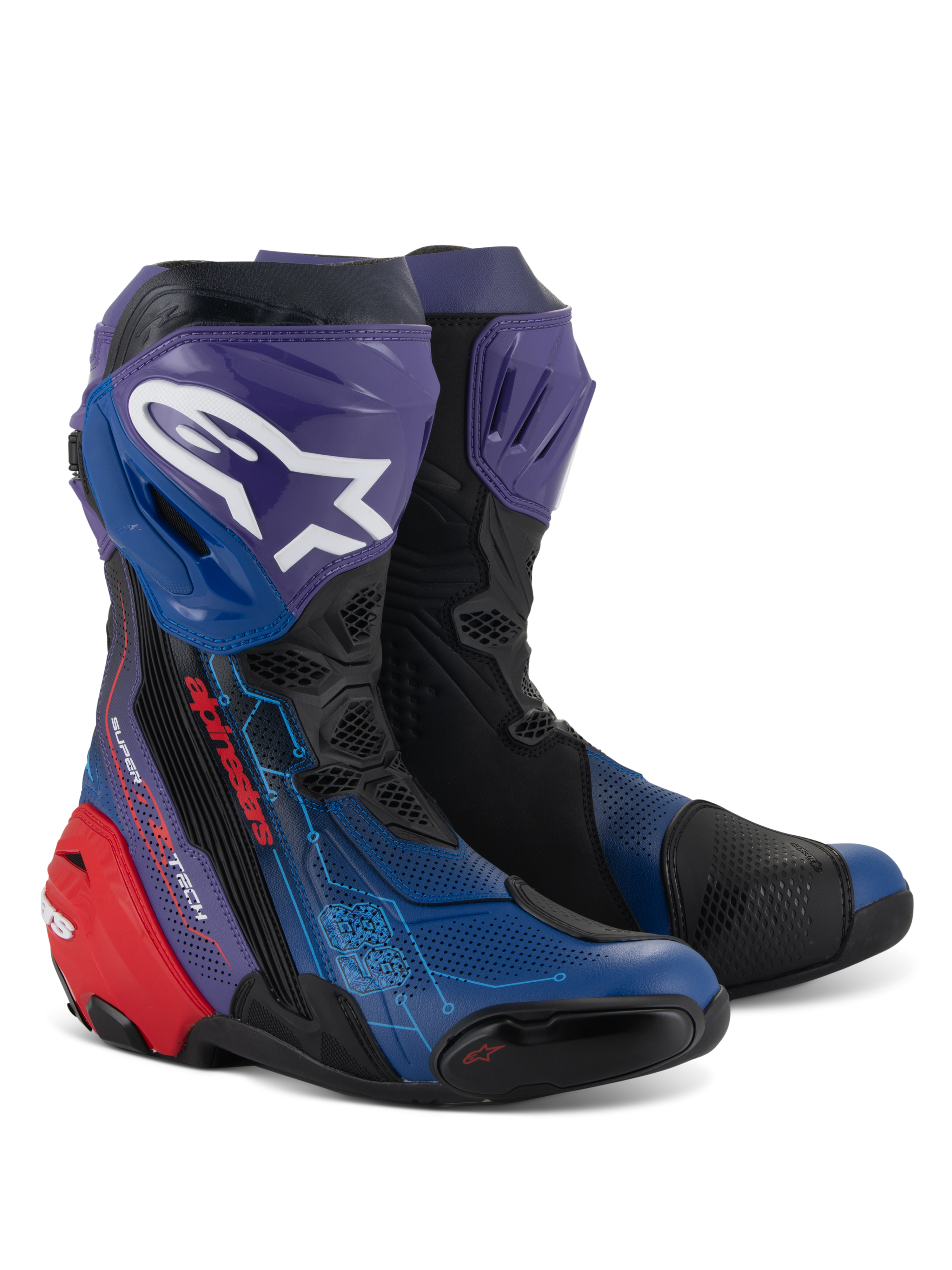 Alpinestars Supertech R LE Martinator R01 Vented Boots, Racing Motorcycle Boots, Blue Purple Red and Black, featuring extensive perforations for airflow, white Astars logo on a purple shin guard, red heel protector, and technical racing design.